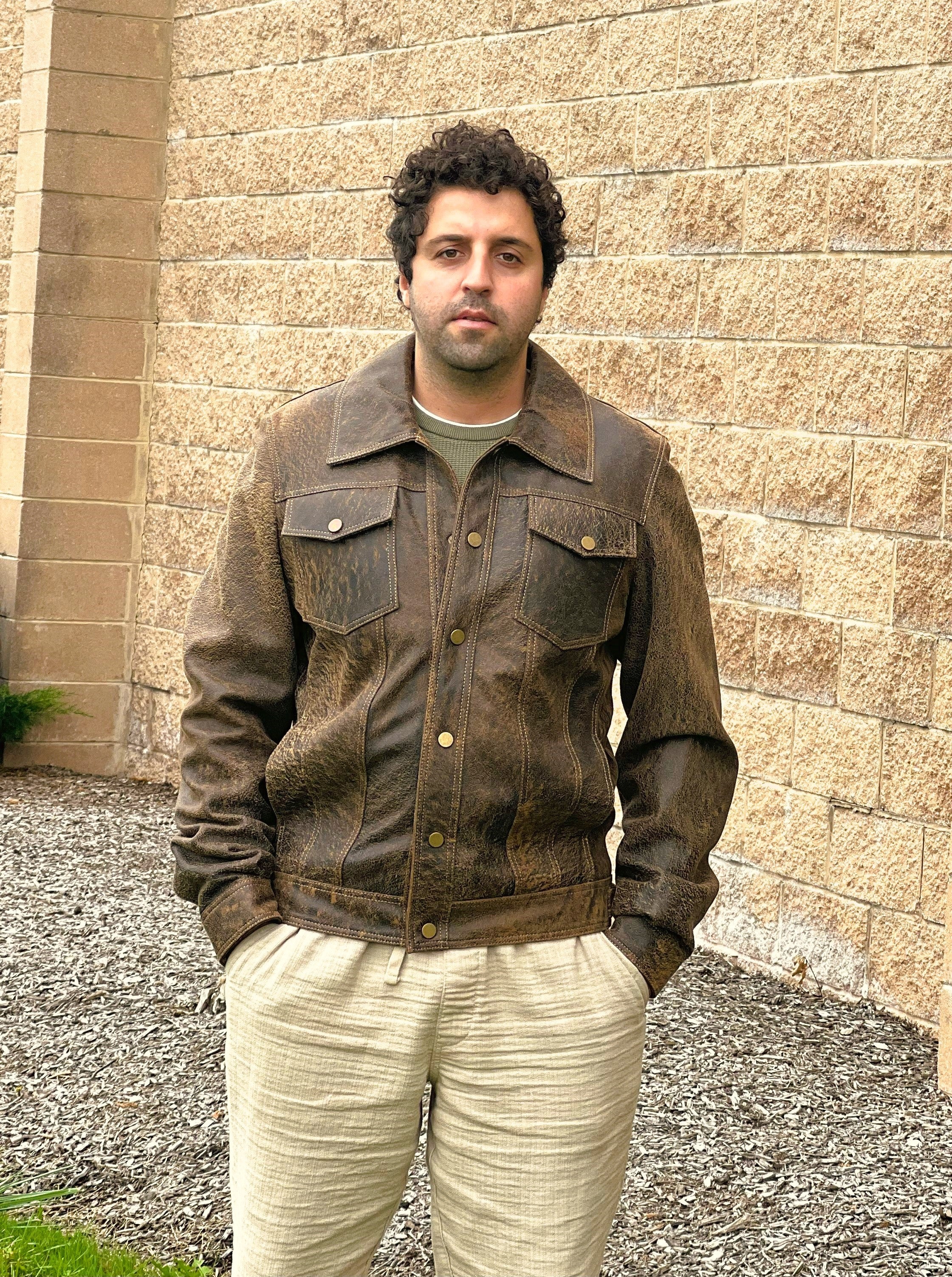 Men's Brown Denim Style Leather Jacket Style # 2023