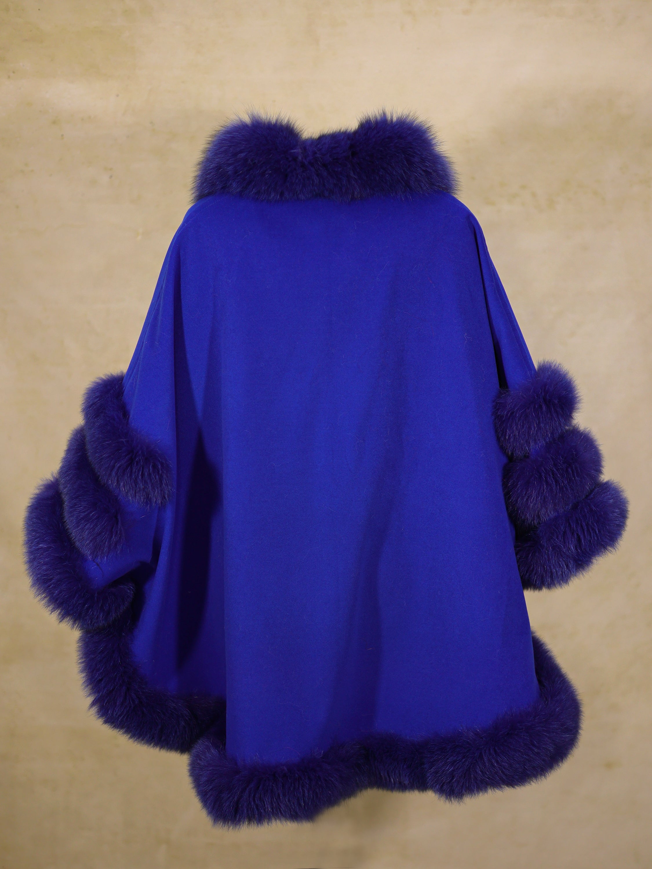 Women's  Royal Blue Wool Poncho with Fox Collar Trimmed Style