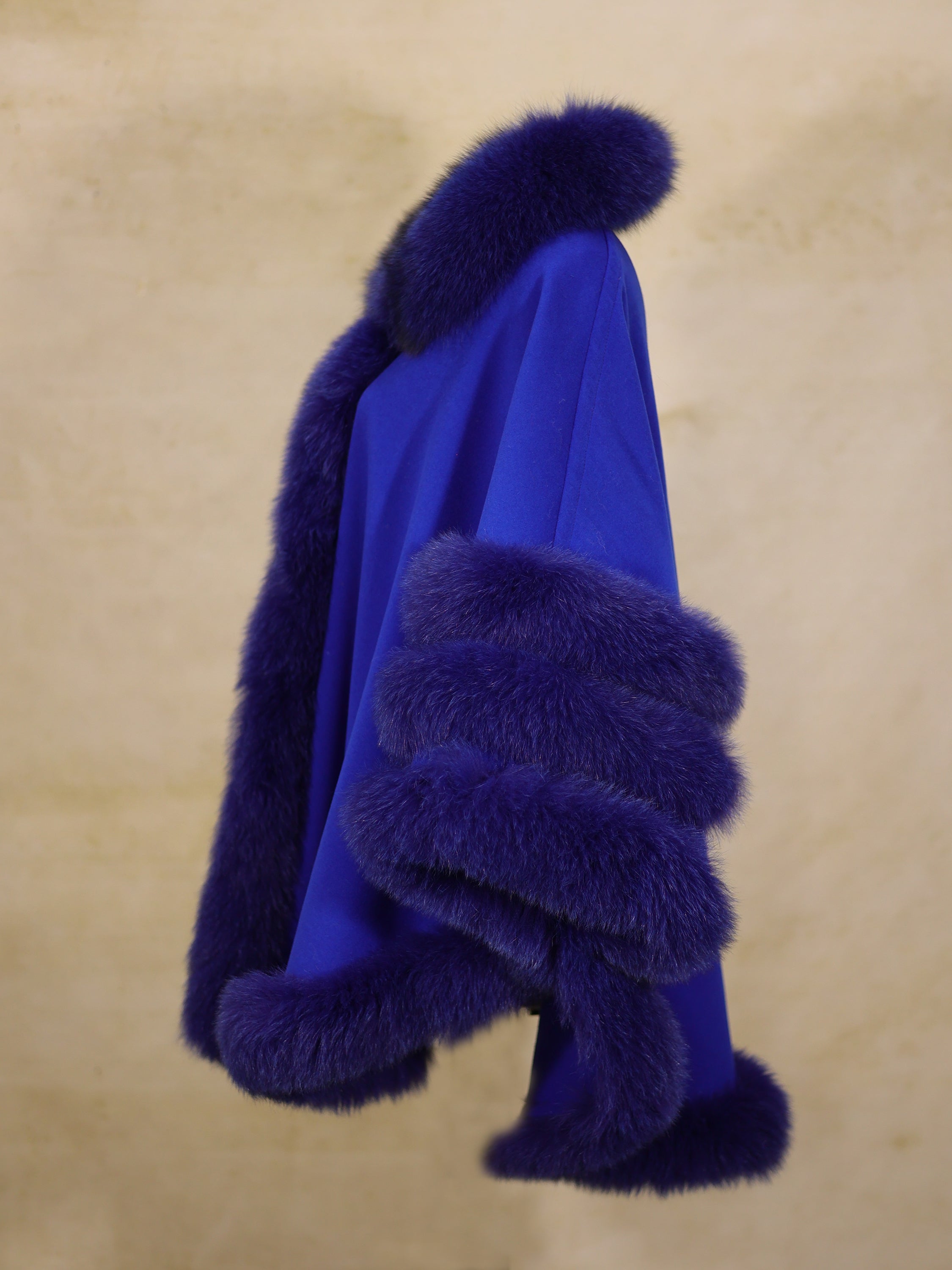 Women's  Royal Blue Wool Poncho with Fox Collar Trimmed Style