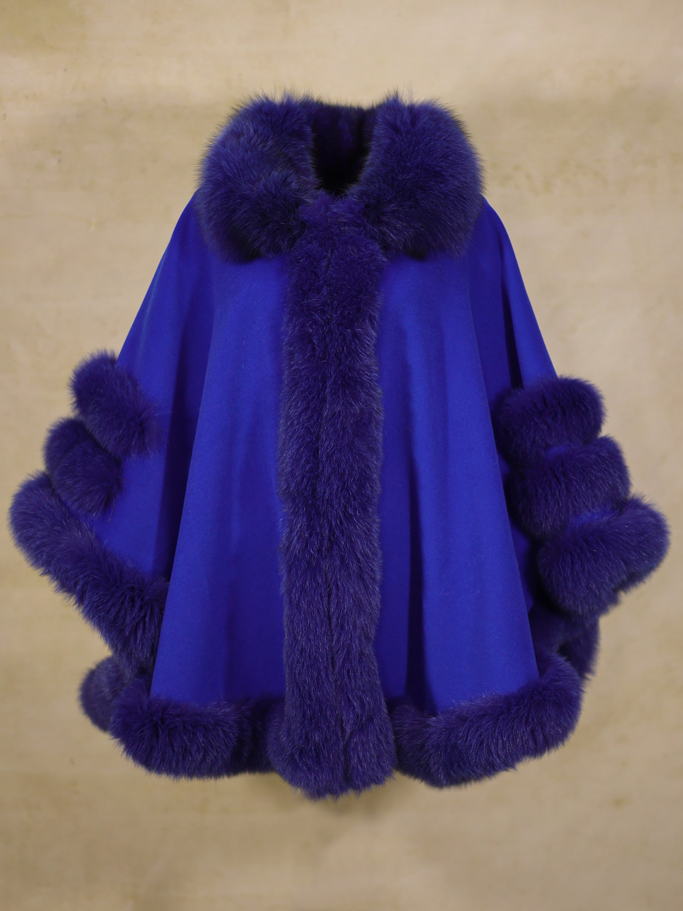 Women's  Royal Blue Wool Poncho with Fox Collar Trimmed Style