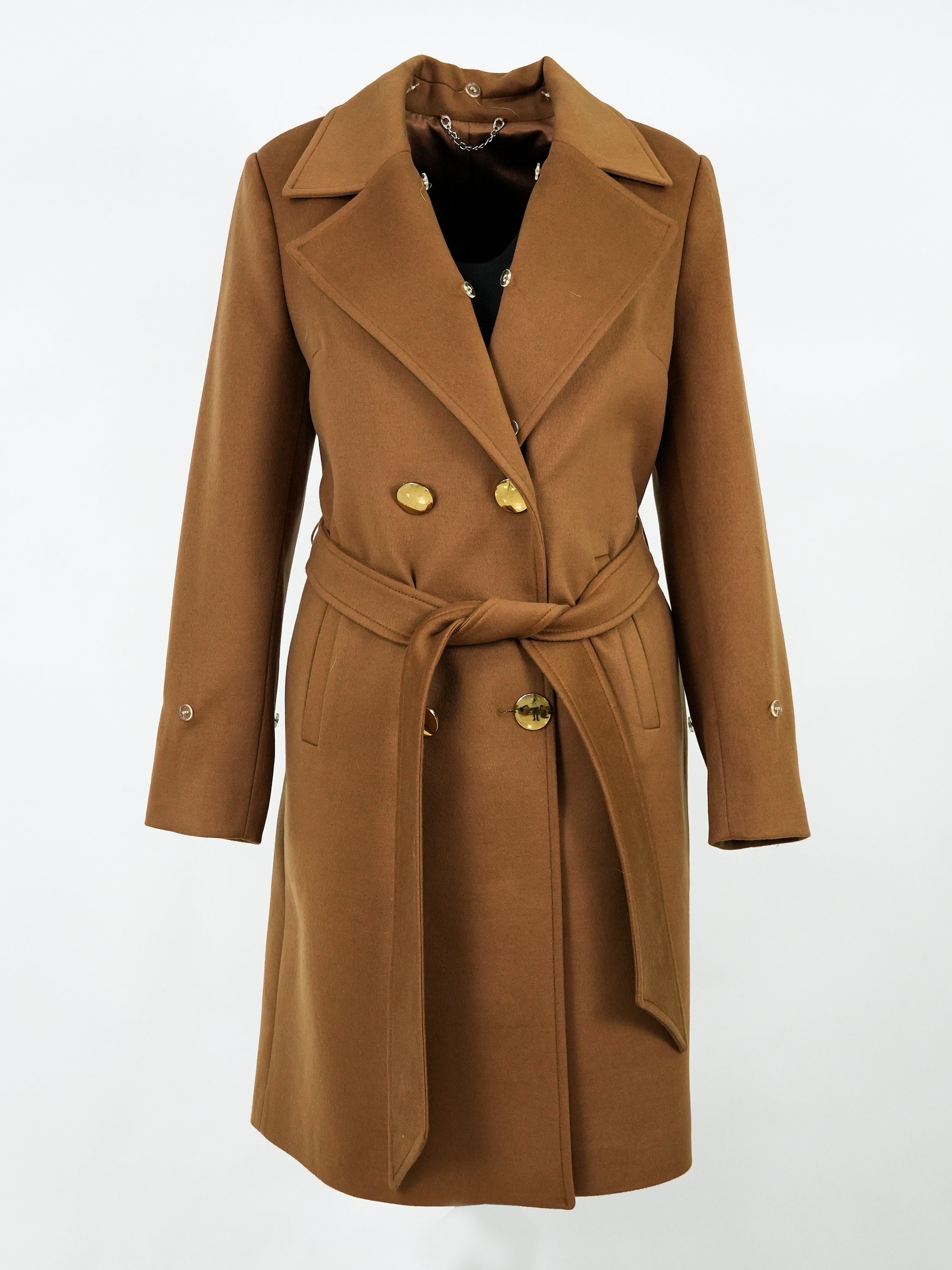 Women's BROWN Wool Coat with detachable Fox Collar and Cuffs  Trimmed Hood Style # K-10