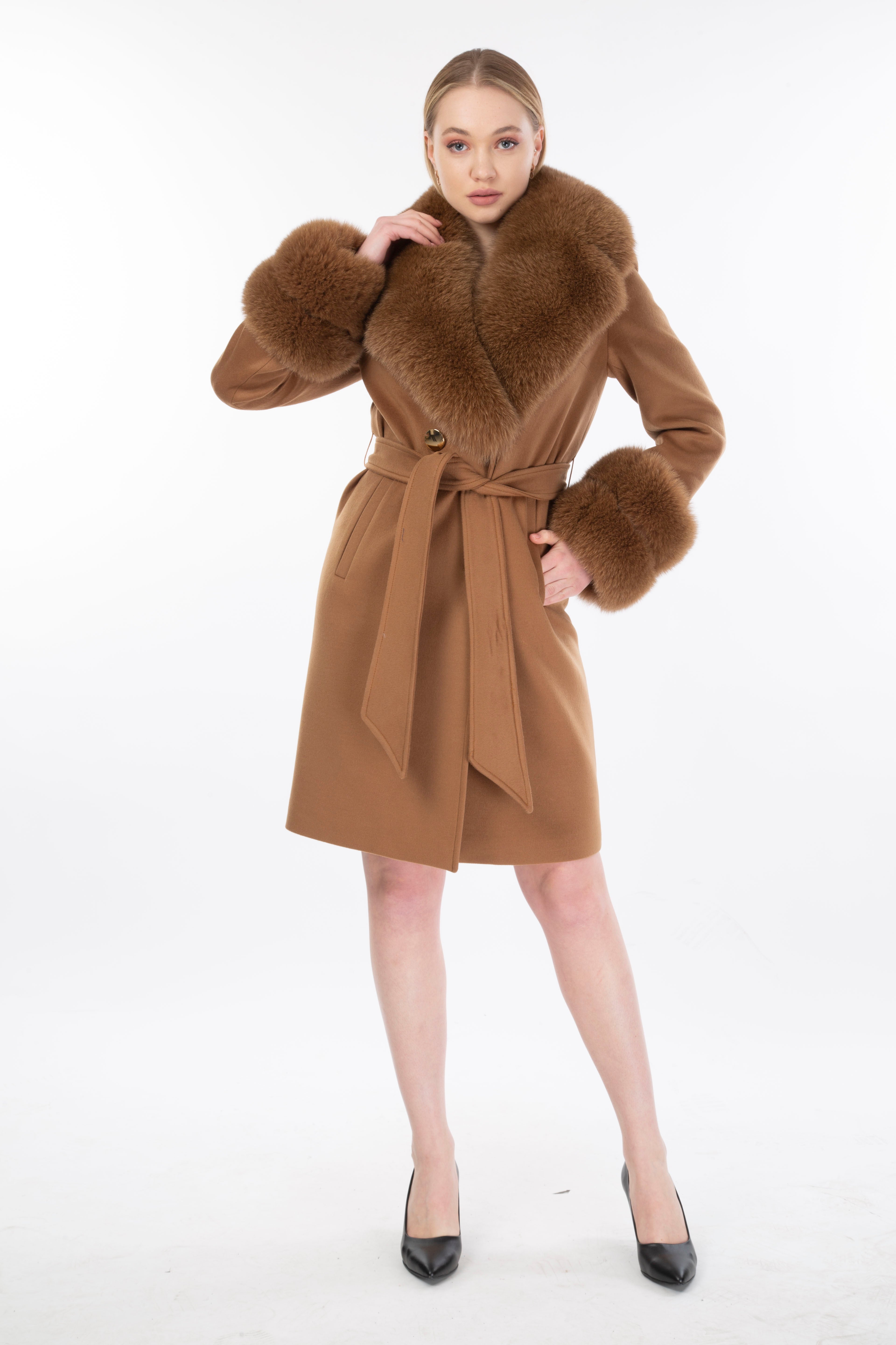 Women's BROWN Wool Coat with detachable Fox Collar and Cuffs  Trimmed Hood Style # K-10