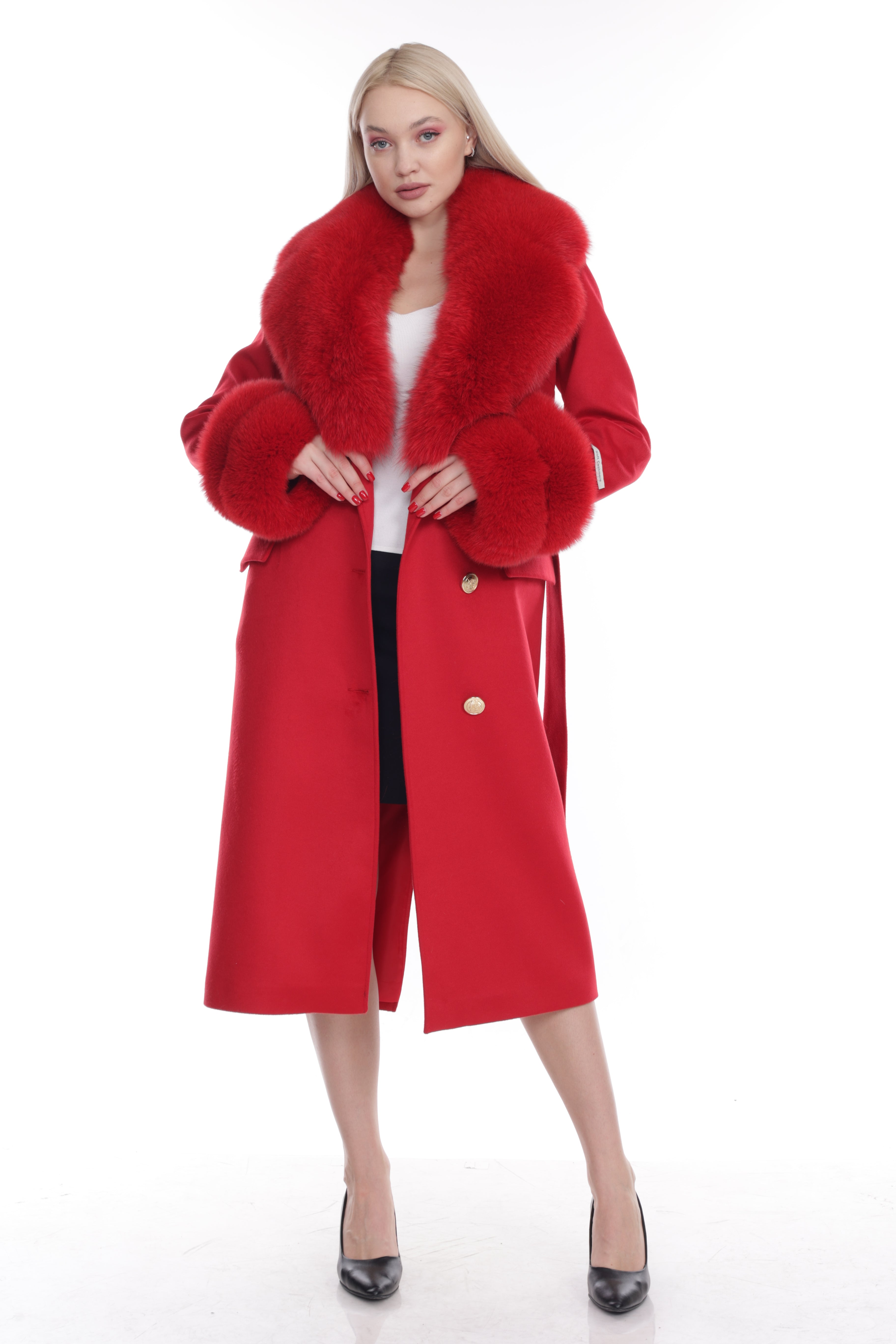 Women's RED Wool Coat with detachable Fox Collar and Cuffs  Trimmed Hood Style # K-10