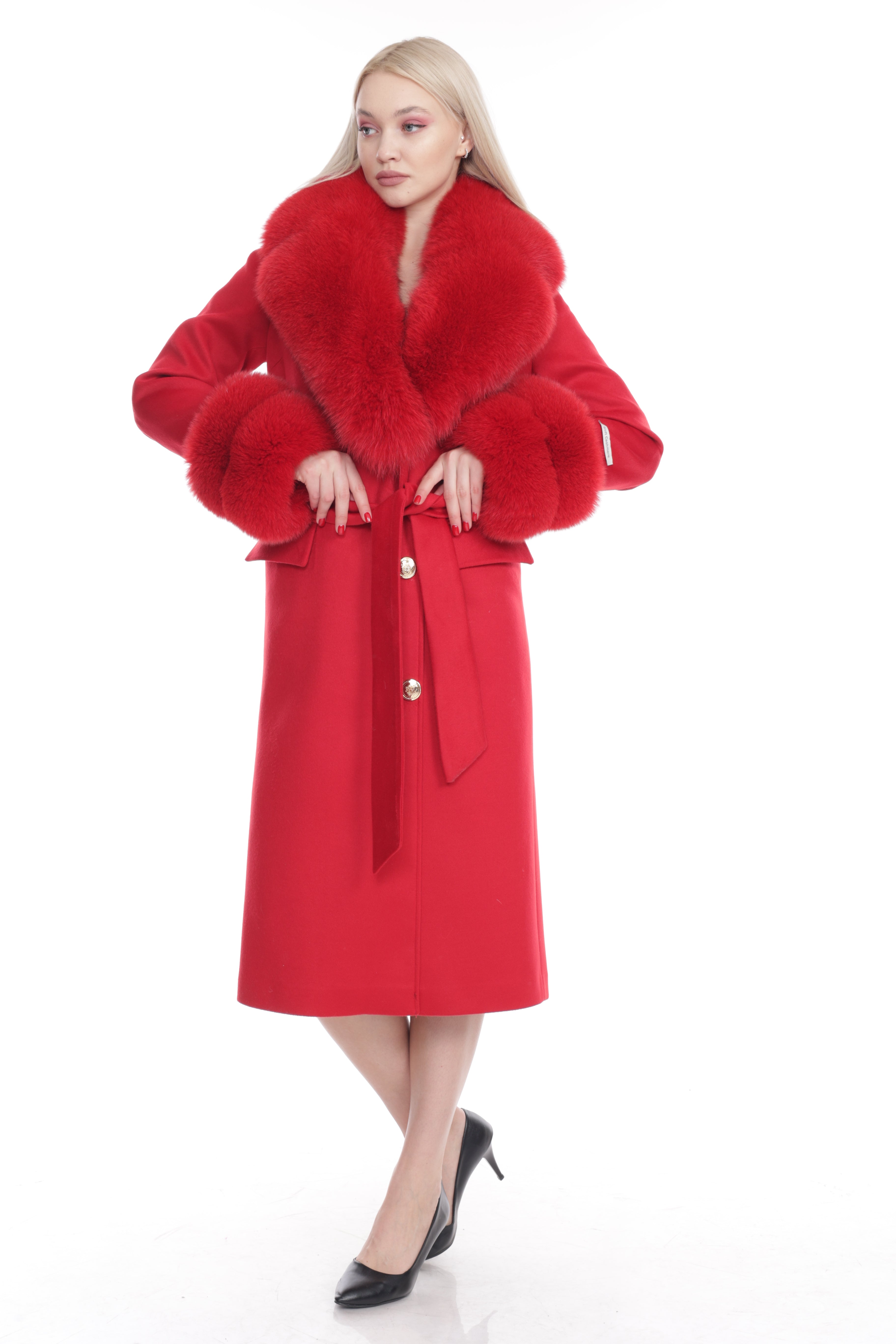 Women's RED Wool Coat with detachable Fox Collar and Cuffs  Trimmed Hood Style # K-10