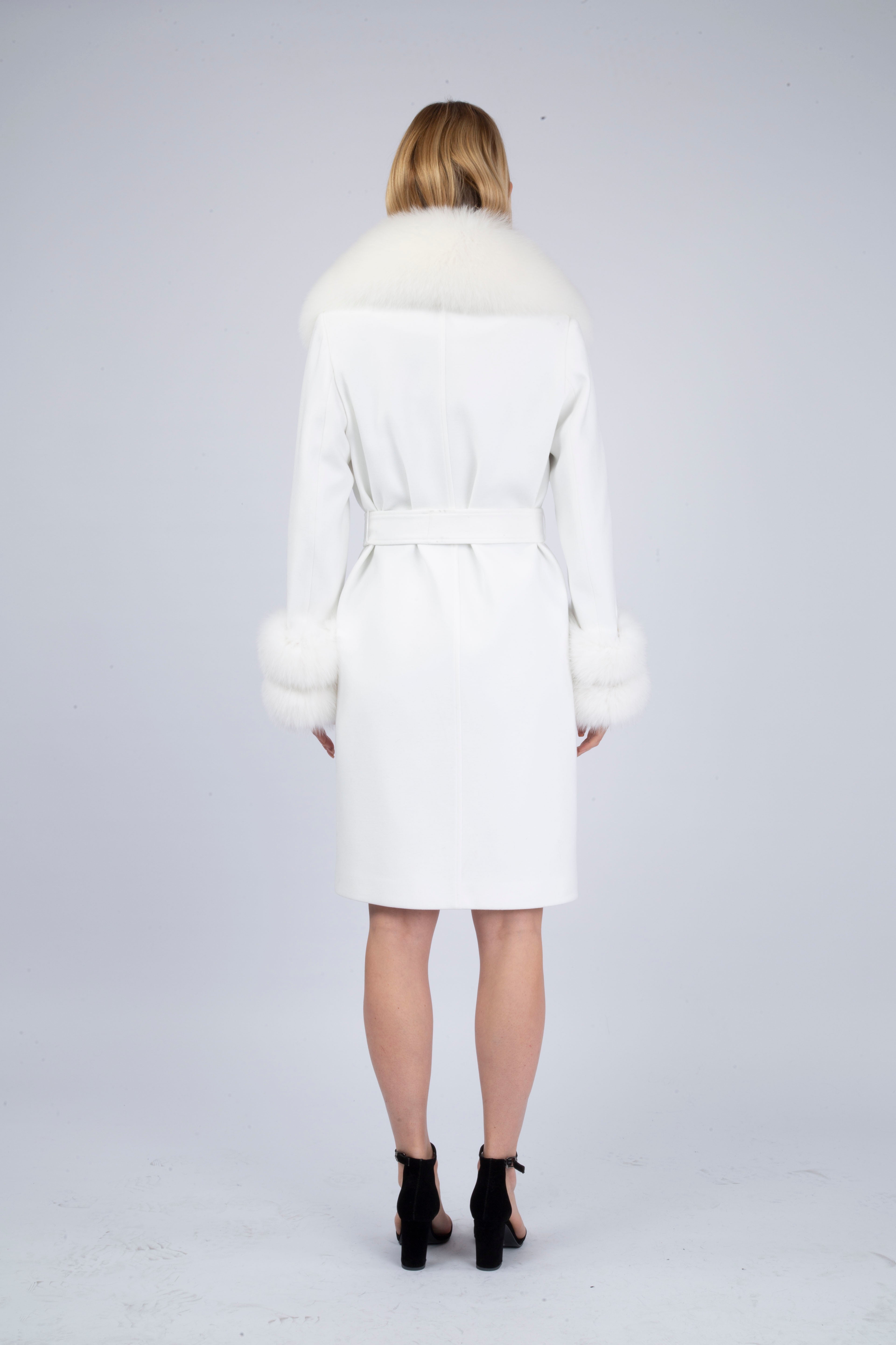 Women's White Wool Coat with detachable Fox Collar and Cuffs  Trimmed Hood Style # K-10