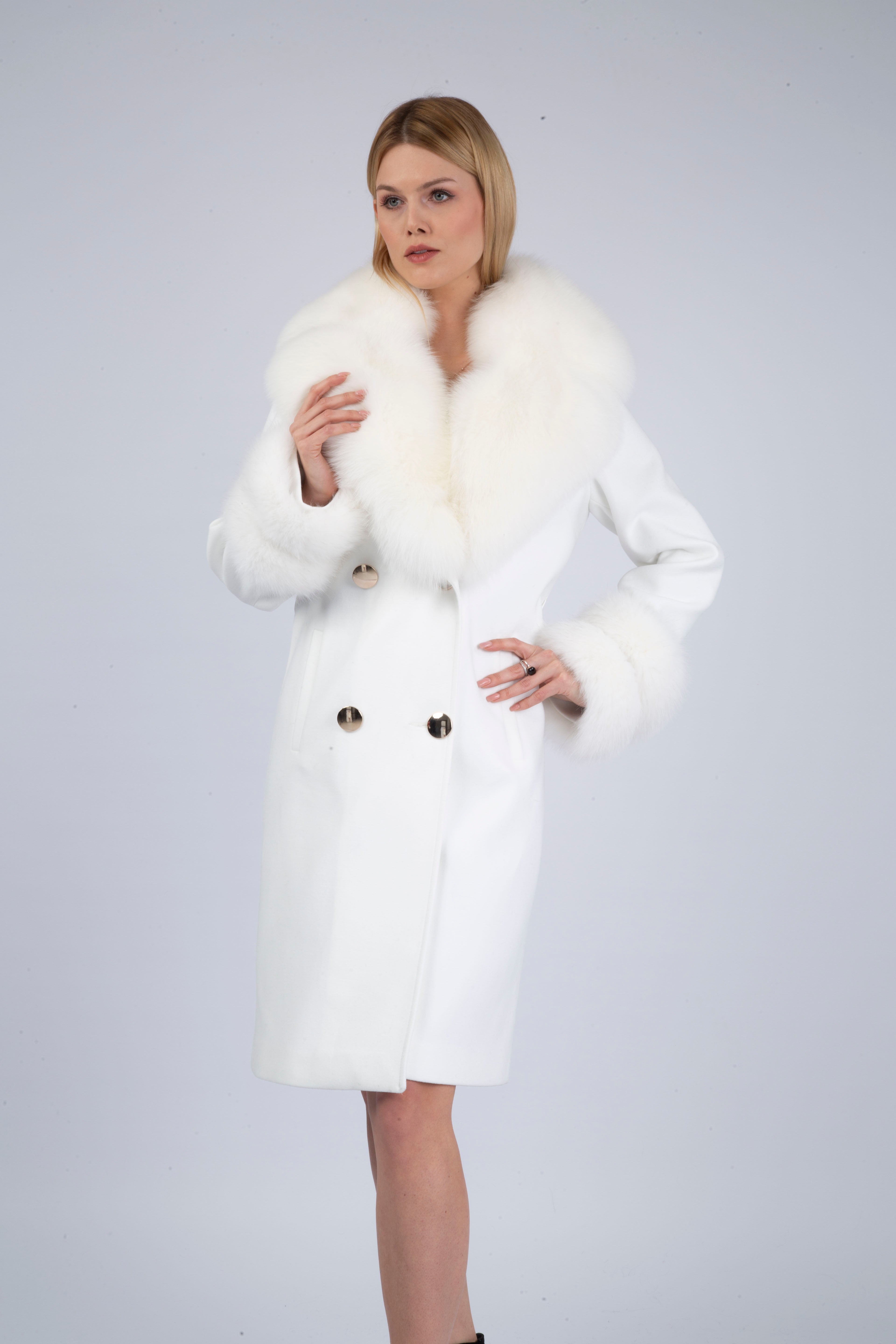 Women's White Wool Coat with detachable Fox Collar and Cuffs  Trimmed Hood Style # K-10