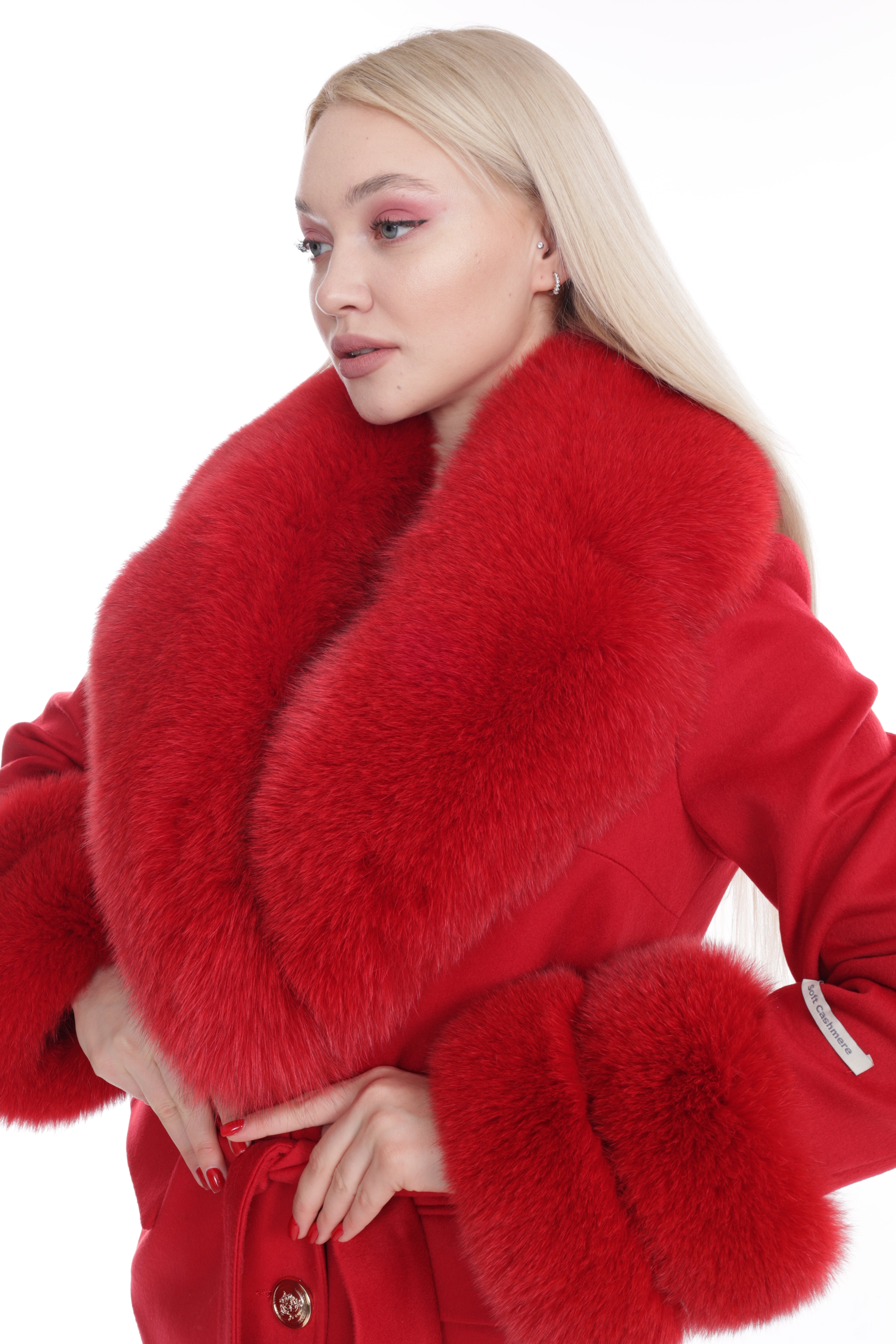 Women's RED Wool Coat with detachable Fox Collar and Cuffs  Trimmed Hood Style # K-10