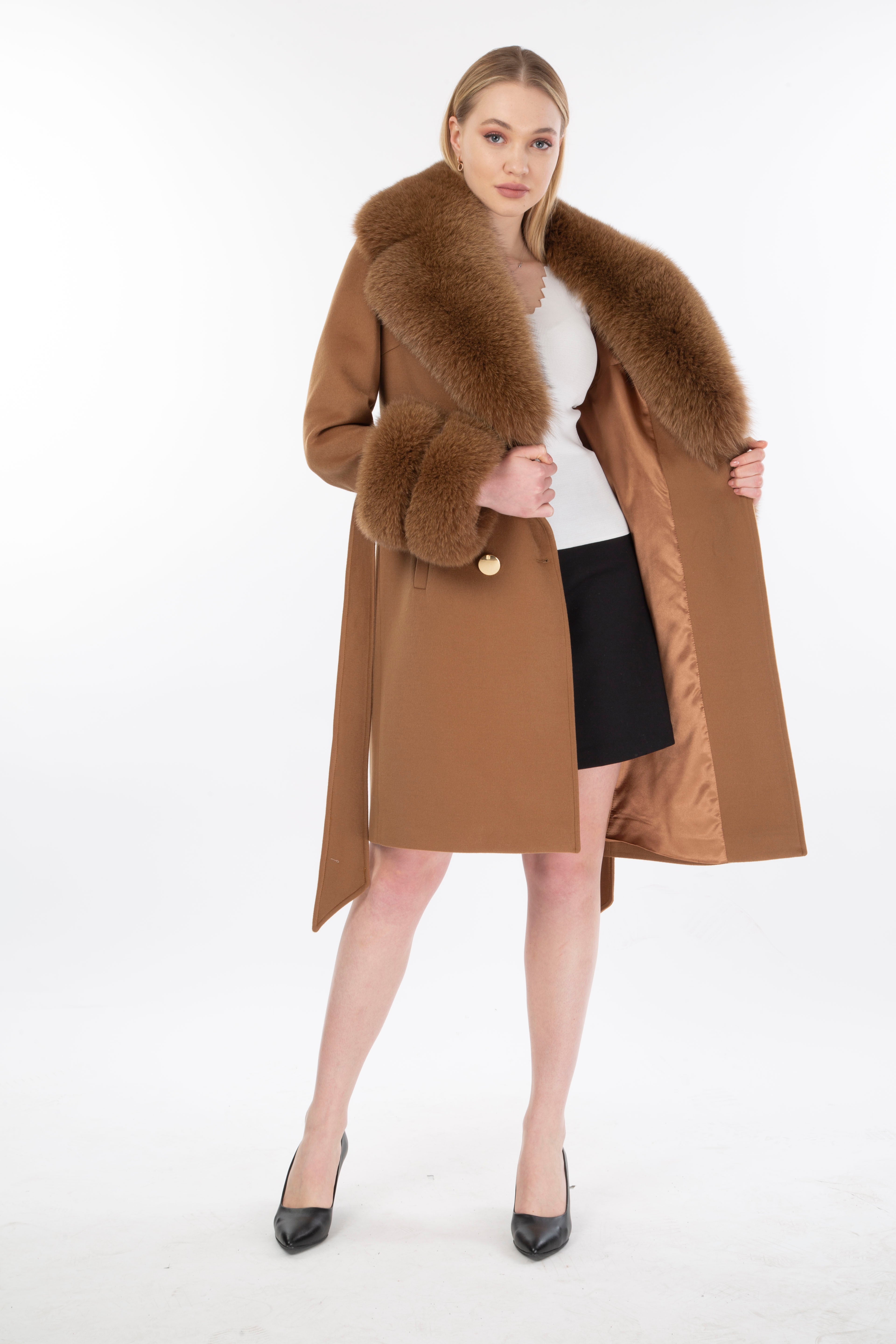 Women's BROWN Wool Coat with detachable Fox Collar and Cuffs  Trimmed Hood Style # K-10