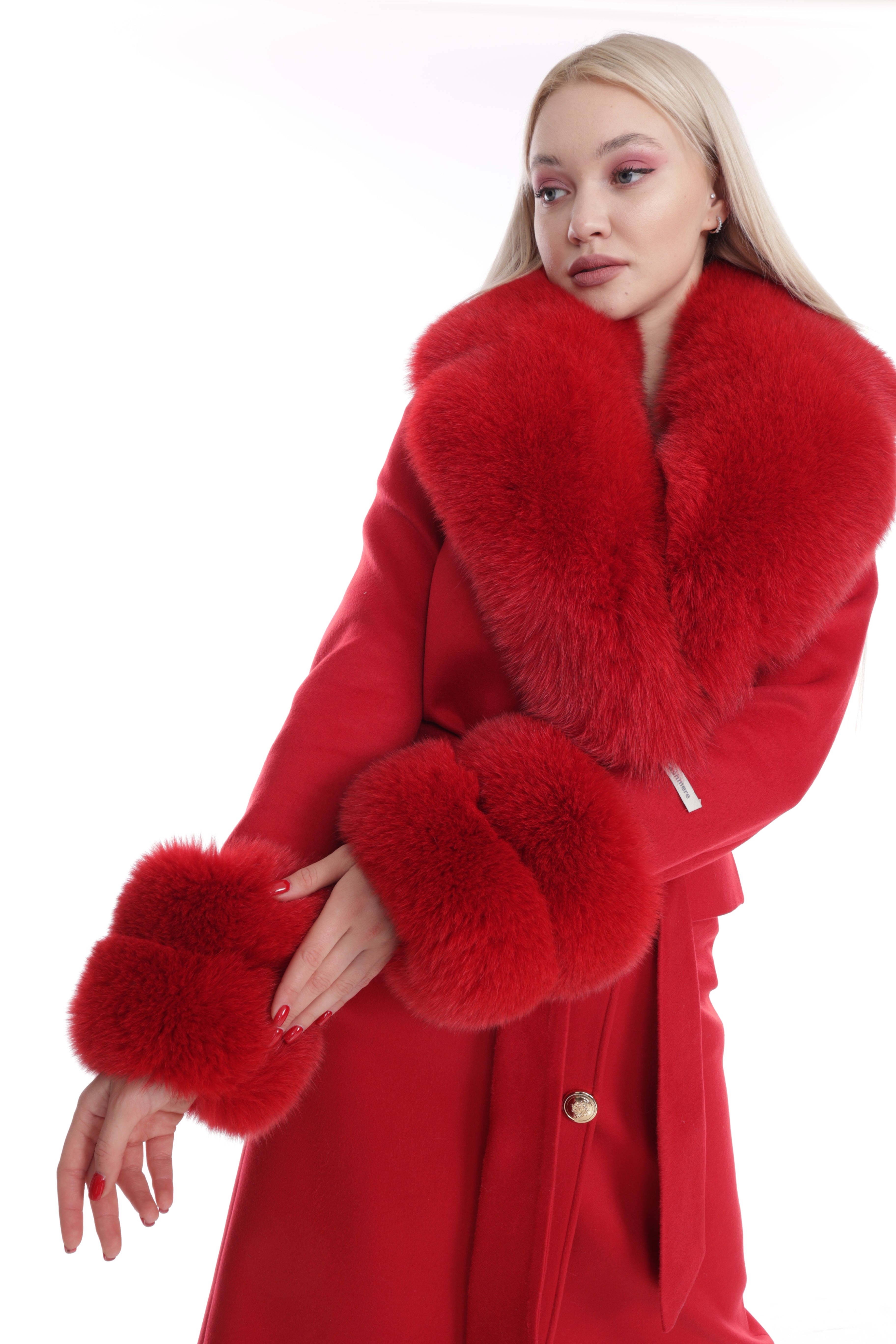 Women's RED Wool Coat with detachable Fox Collar and Cuffs  Trimmed Hood Style # K-10