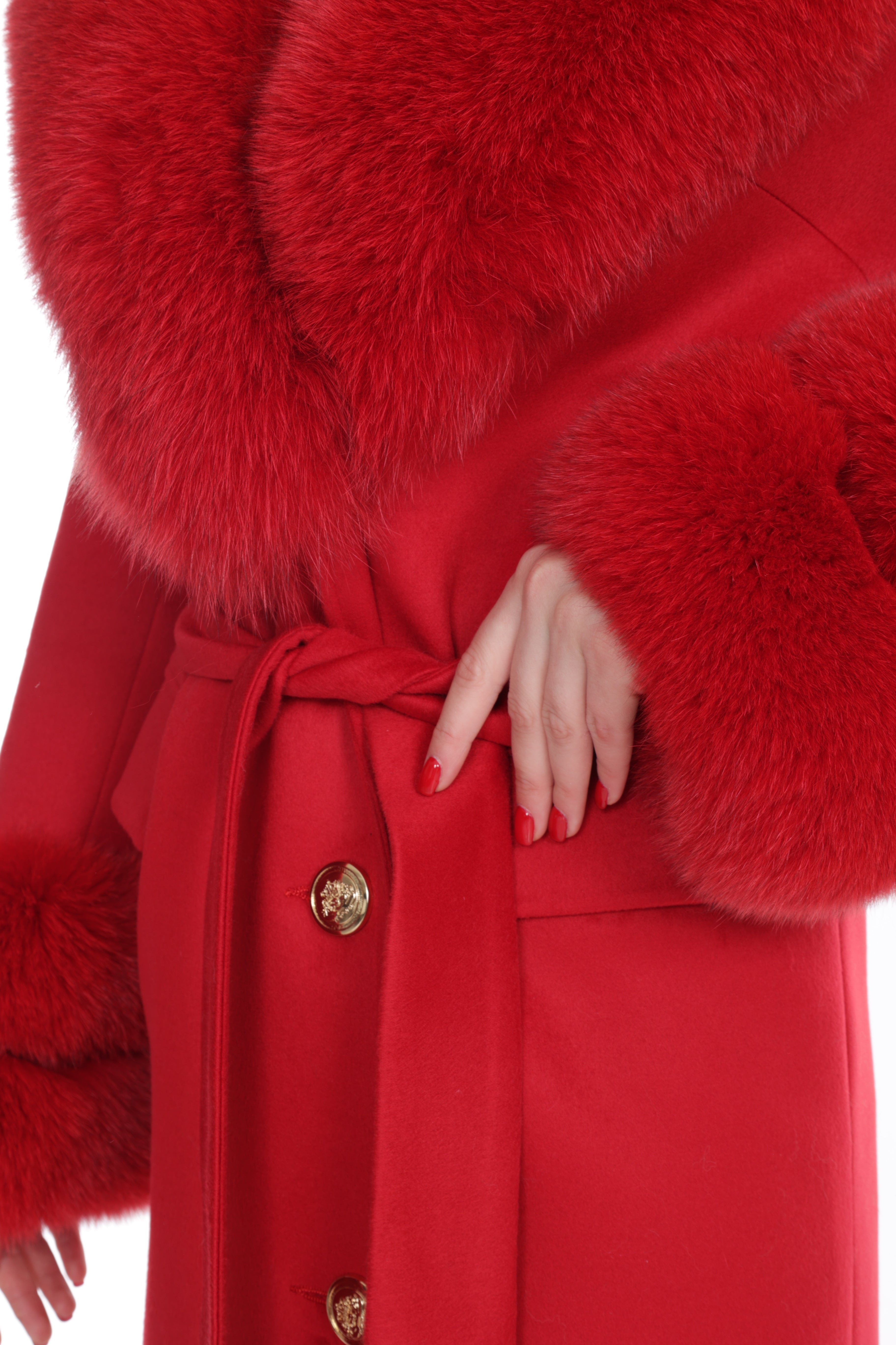 Women's RED Wool Coat with detachable Fox Collar and Cuffs  Trimmed Hood Style # K-10