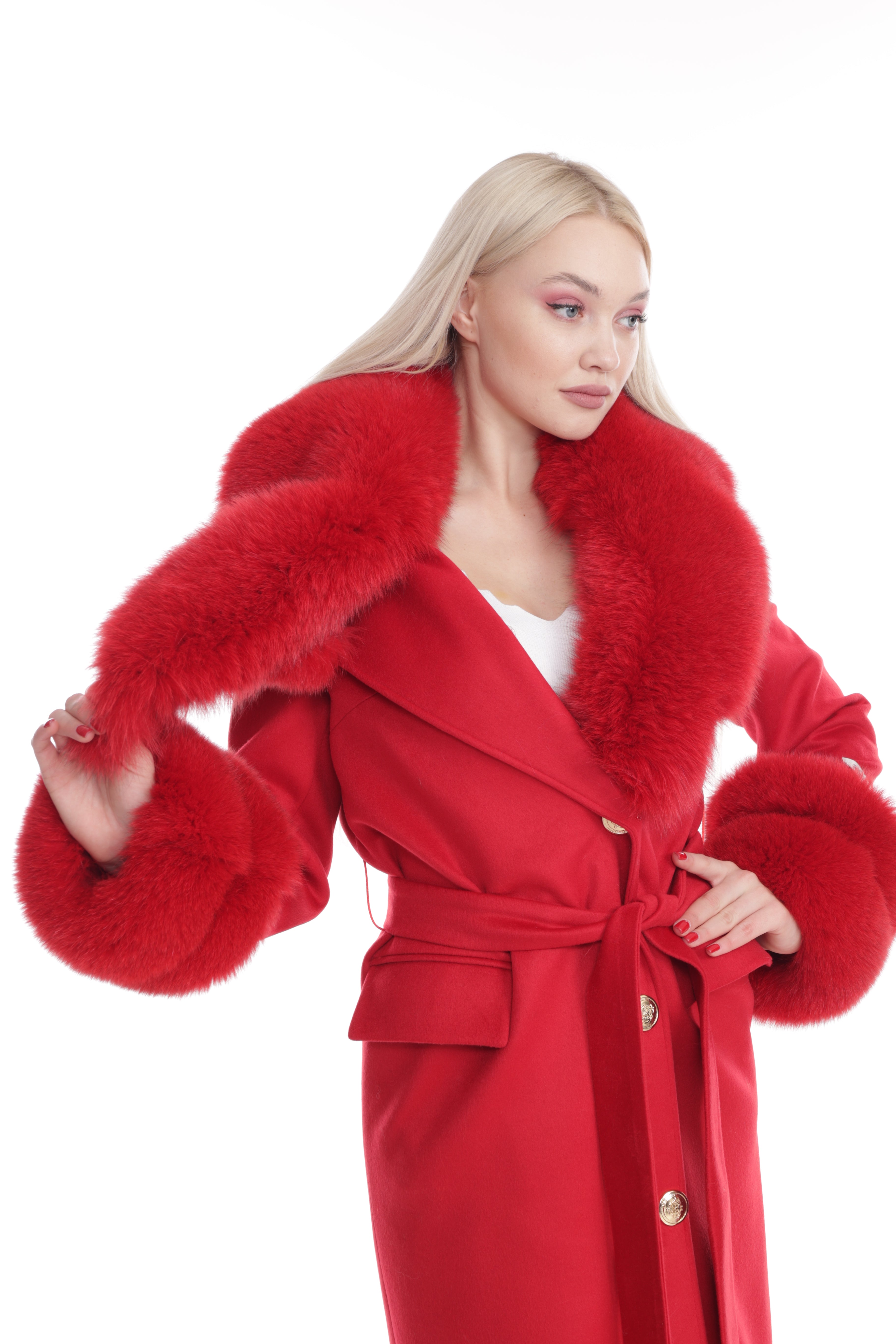 Women's RED Wool Coat with detachable Fox Collar and Cuffs  Trimmed Hood Style # K-10