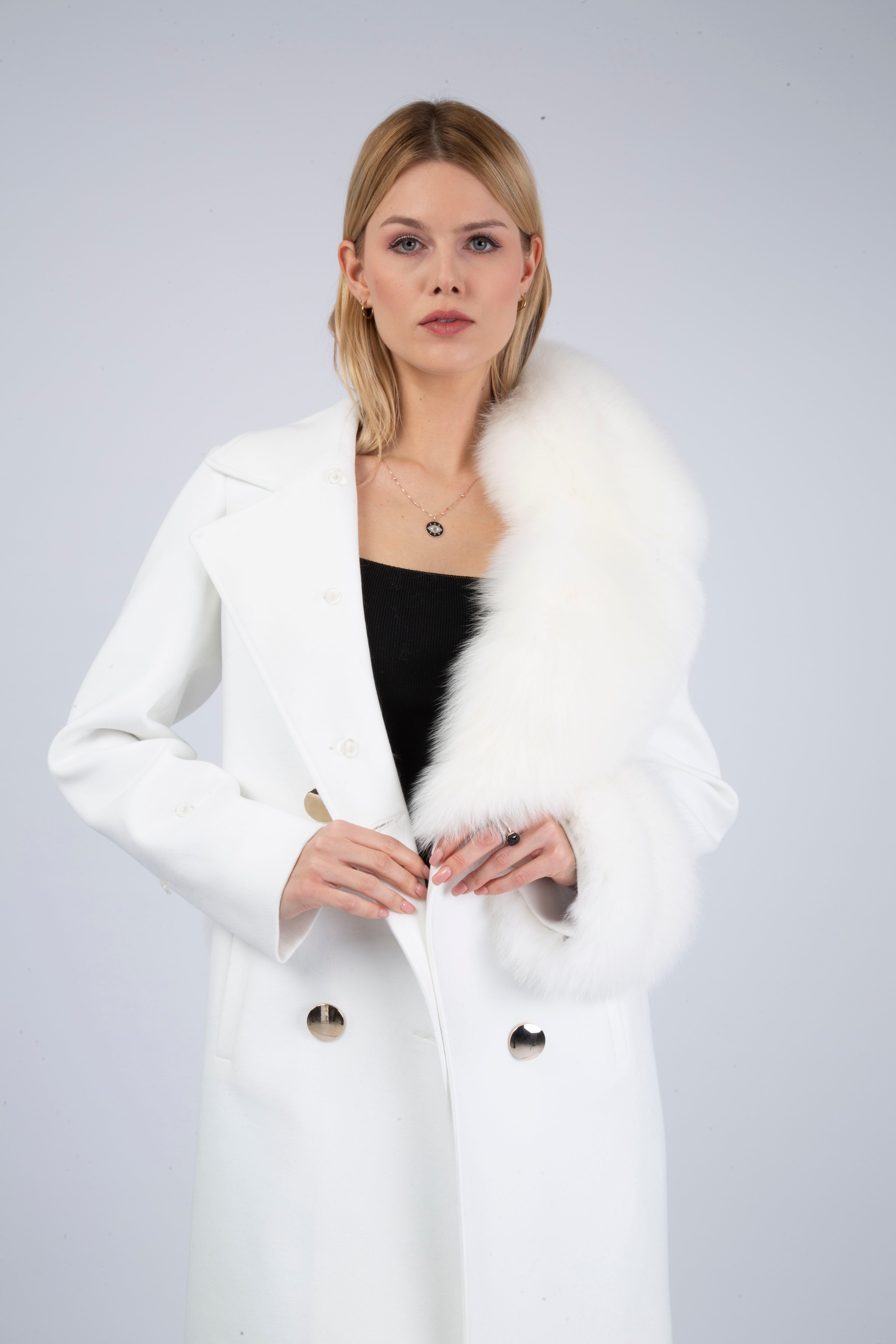 Women's White Wool Coat with detachable Fox Collar and Cuffs  Trimmed Hood Style # K-10