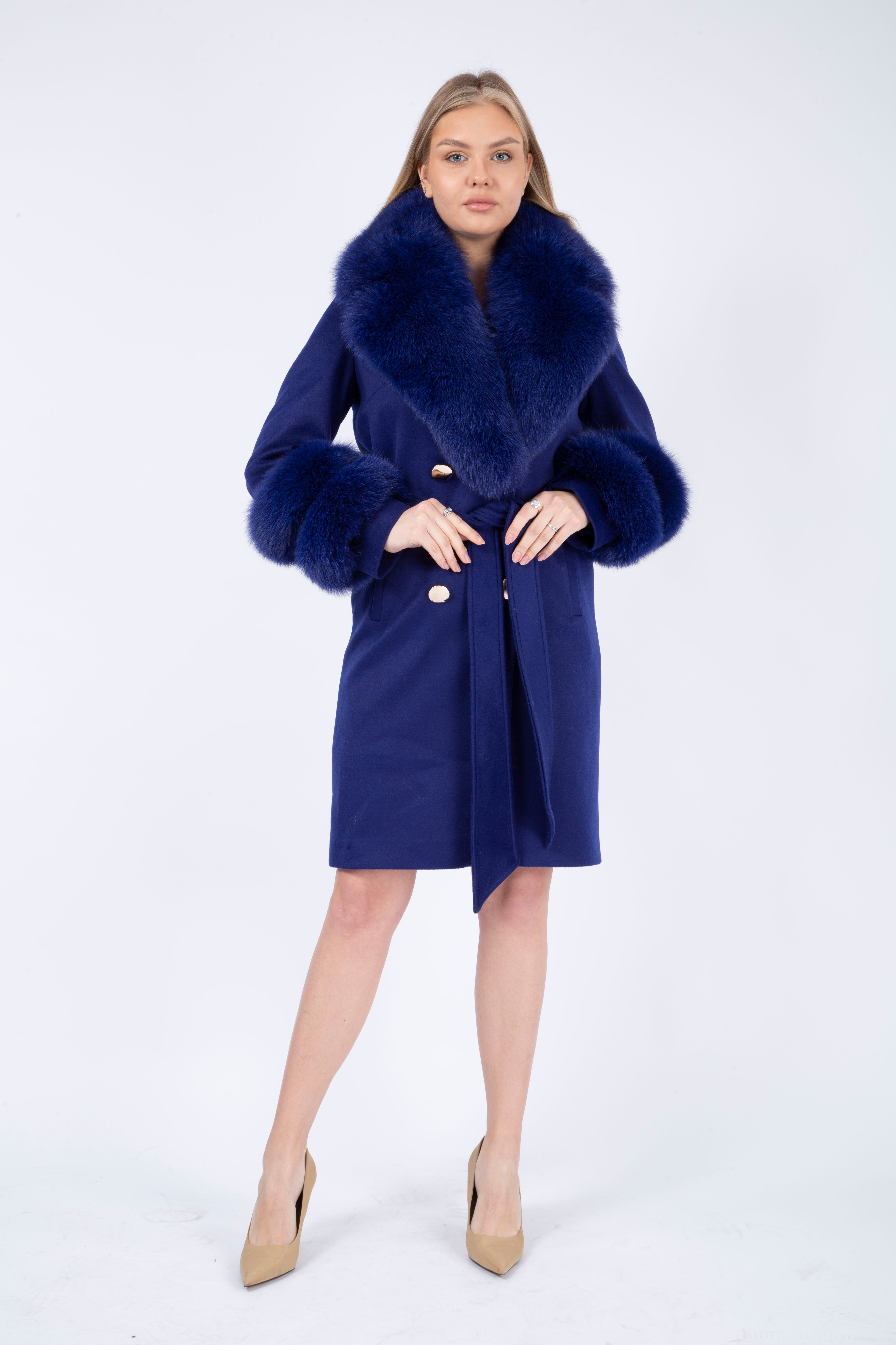 Women's NAVY Wool Coat with detachable Fox Collar and Cuffs  Trimmed Hood Style # K-10