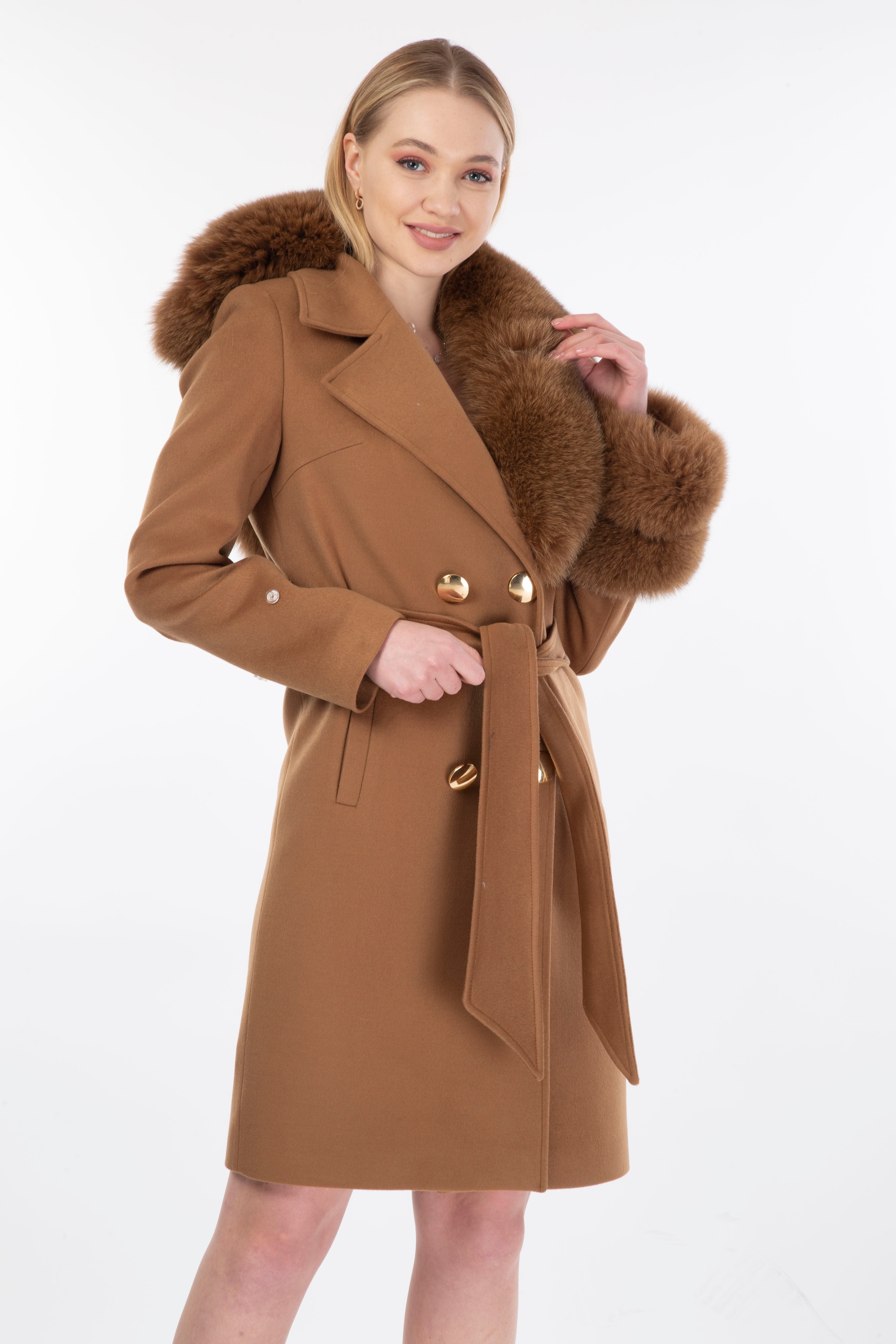 Women's BROWN Wool Coat with detachable Fox Collar and Cuffs  Trimmed Hood Style # K-10