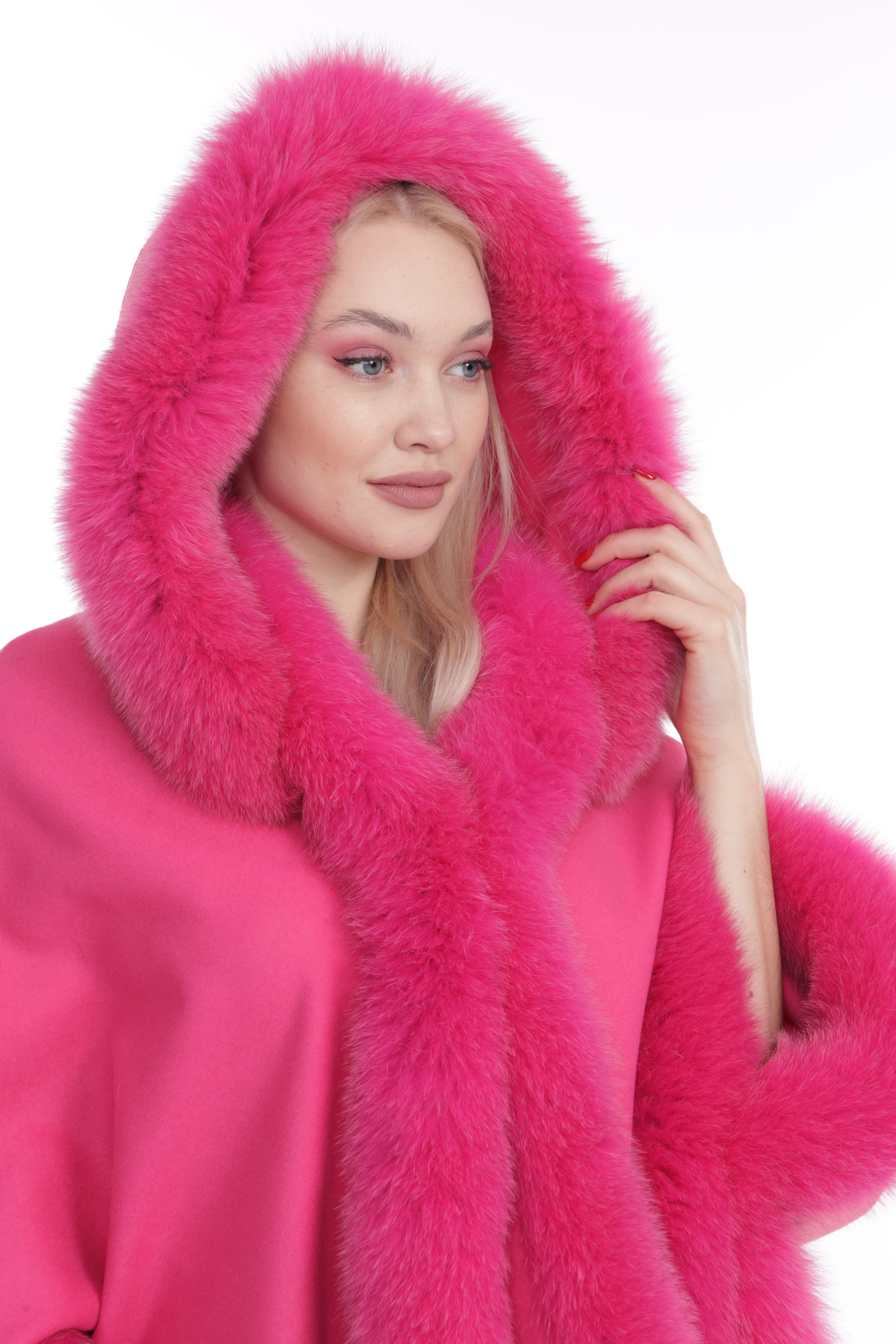 Women's  Pink Wool Poncho with Fox Collar Trimmed Style