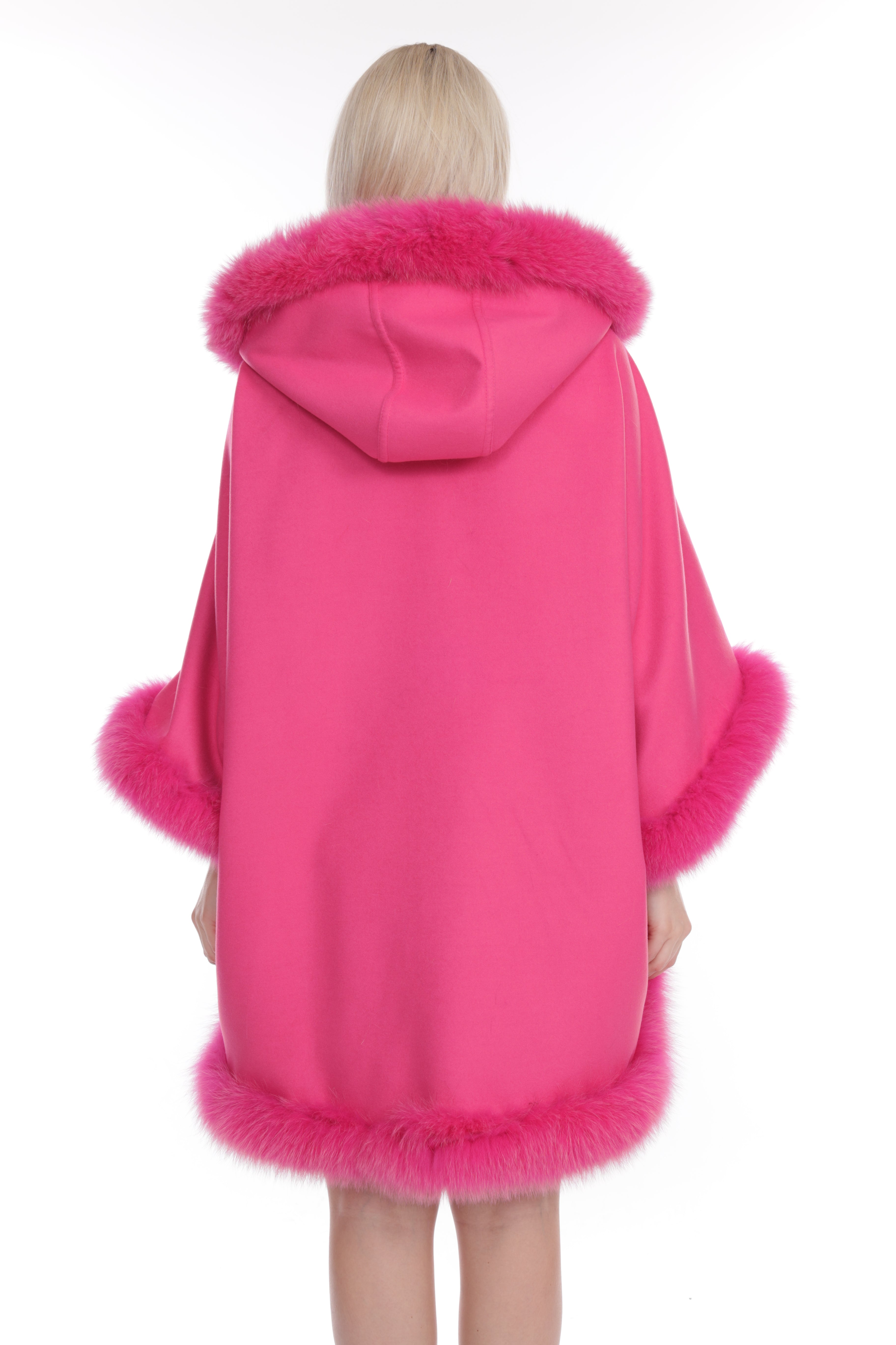 Women's  Pink Wool Poncho with Fox Collar Trimmed Style