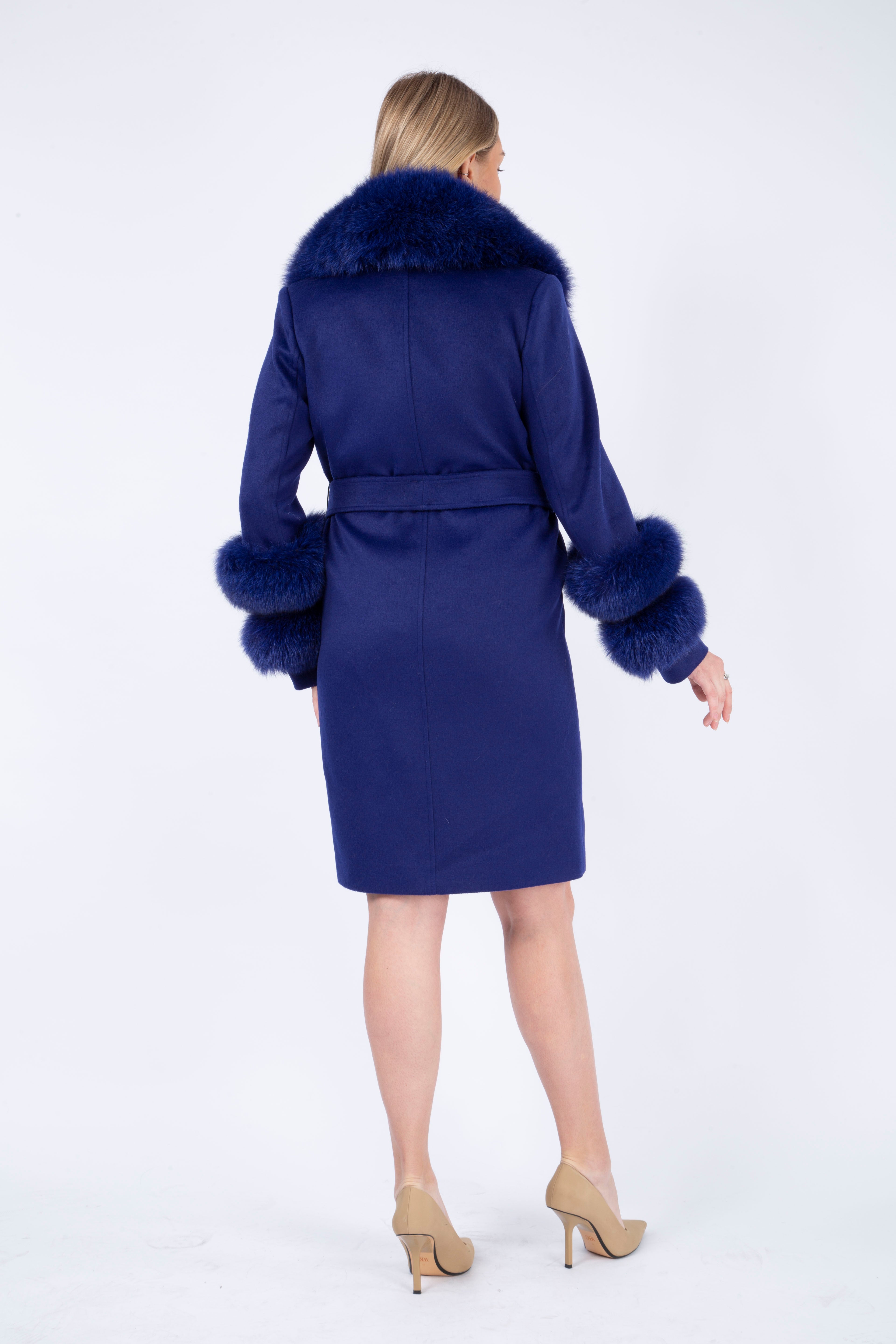 Women's NAVY Wool Coat with detachable Fox Collar and Cuffs  Trimmed Hood Style # K-10