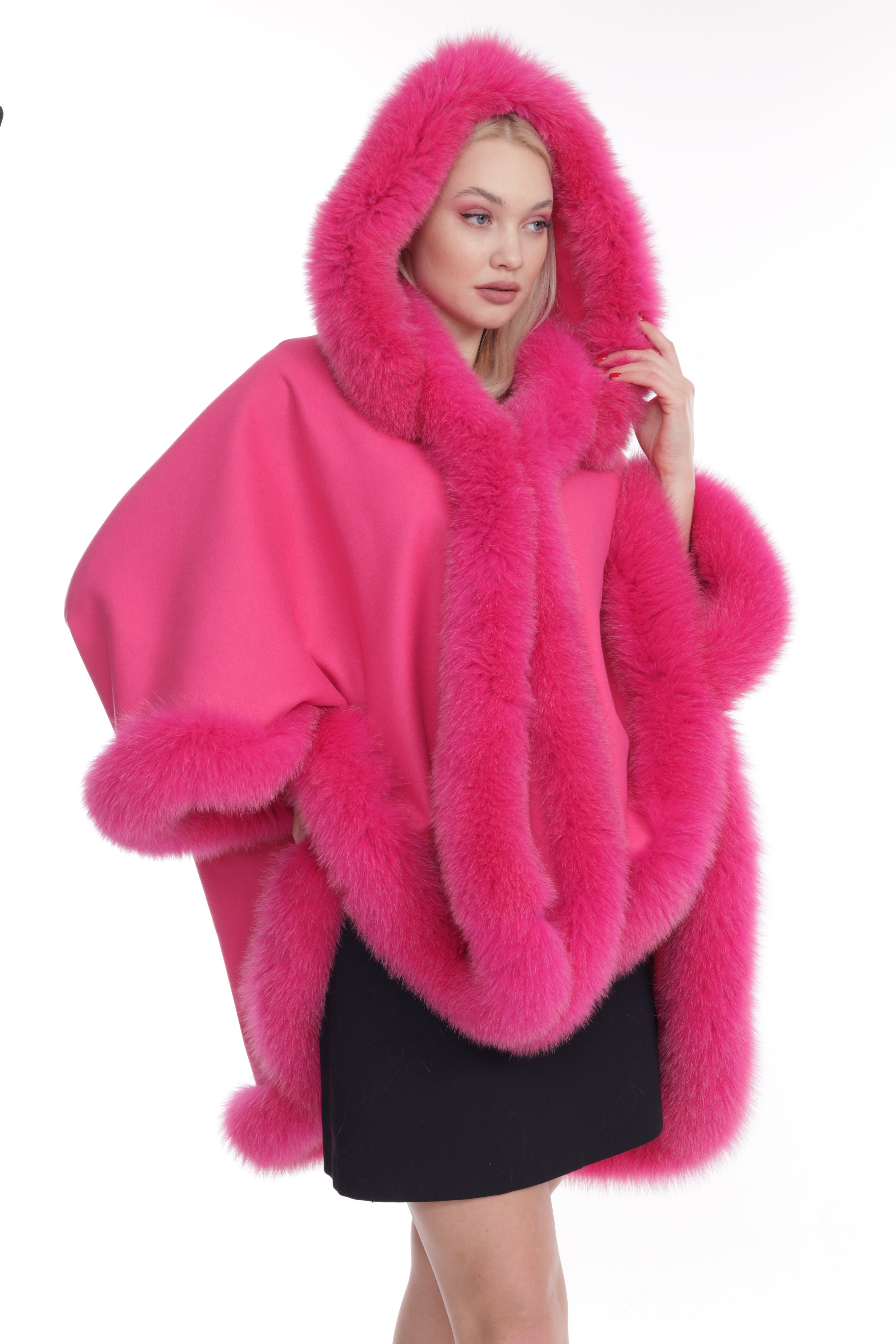 Women's  Pink Wool Poncho with Fox Collar Trimmed Style