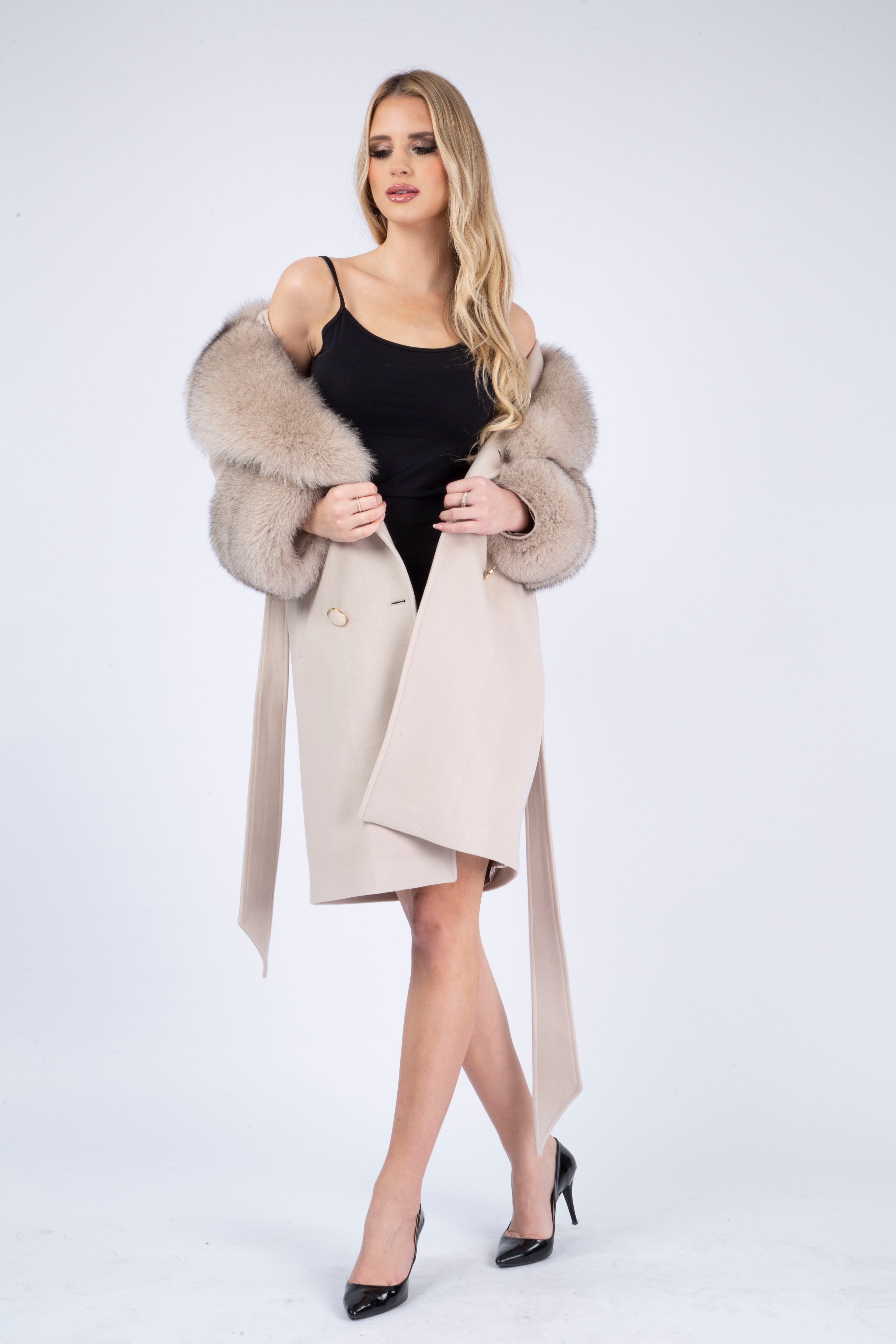 Women's CREAM Wool Coat with detachable Fox Collar and Cuffs  Trimmed Hood Style # K-10