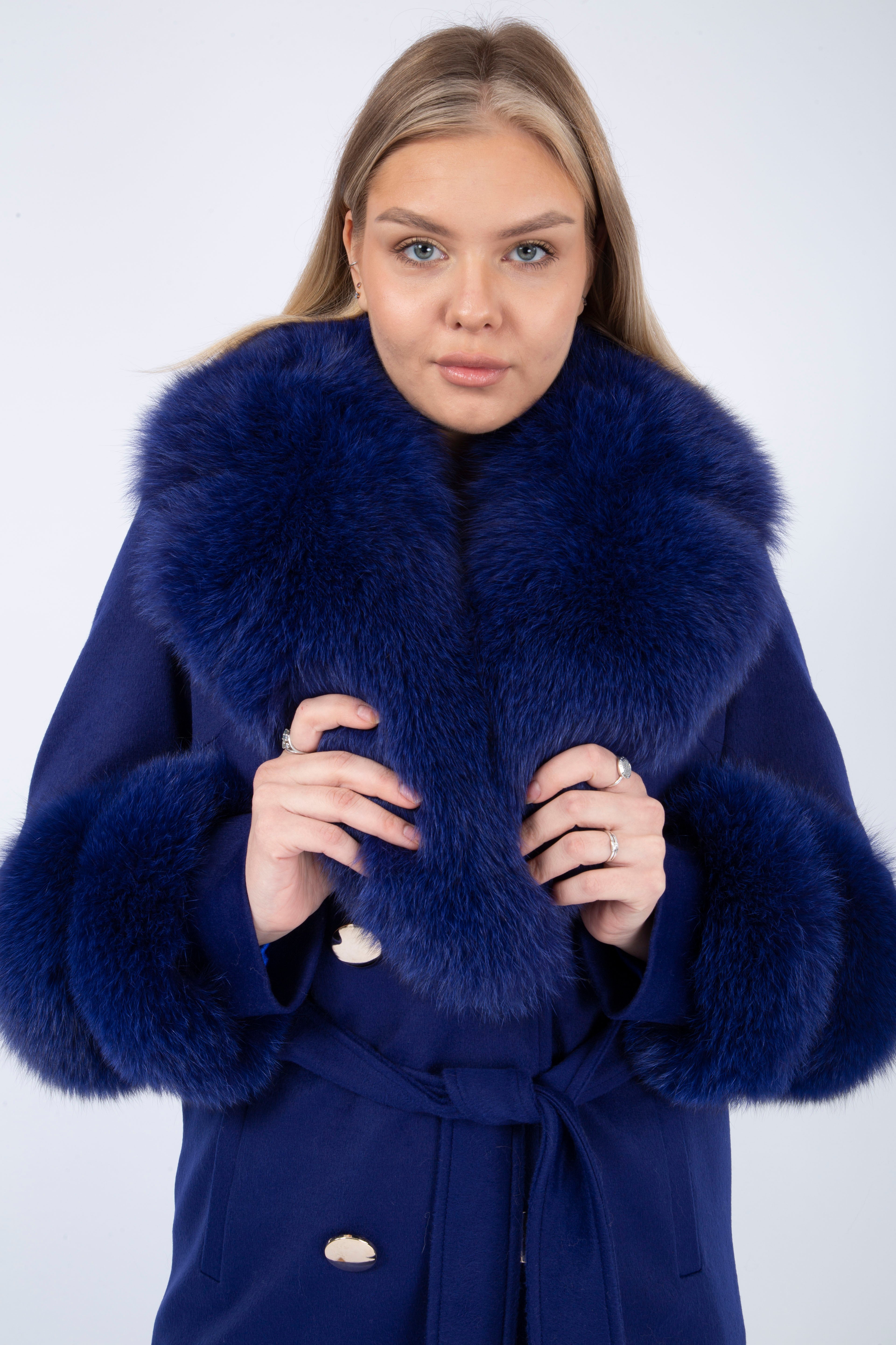 Women's NAVY Wool Coat with detachable Fox Collar and Cuffs  Trimmed Hood Style # K-10