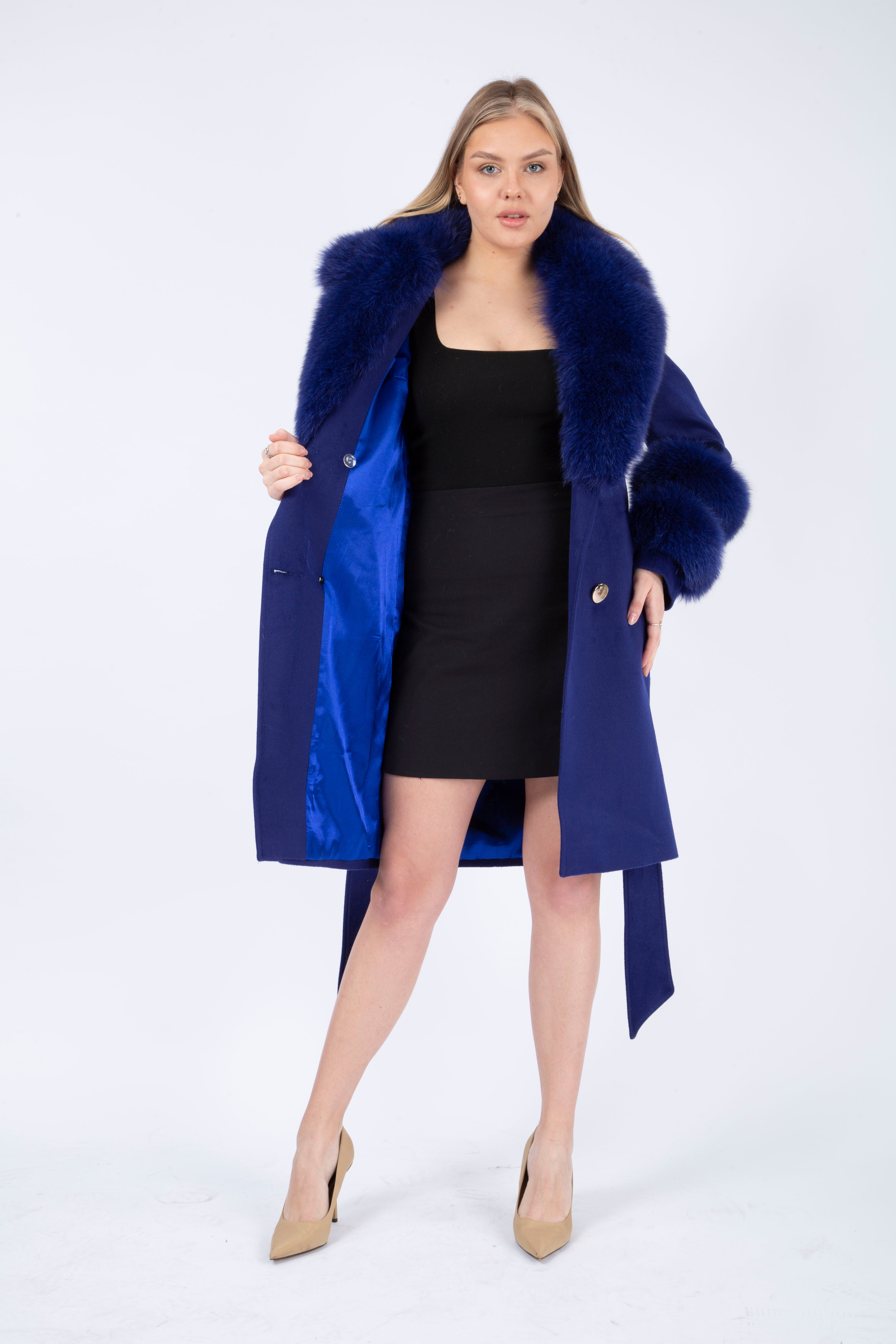 Women's NAVY Wool Coat with detachable Fox Collar and Cuffs  Trimmed Hood Style # K-10