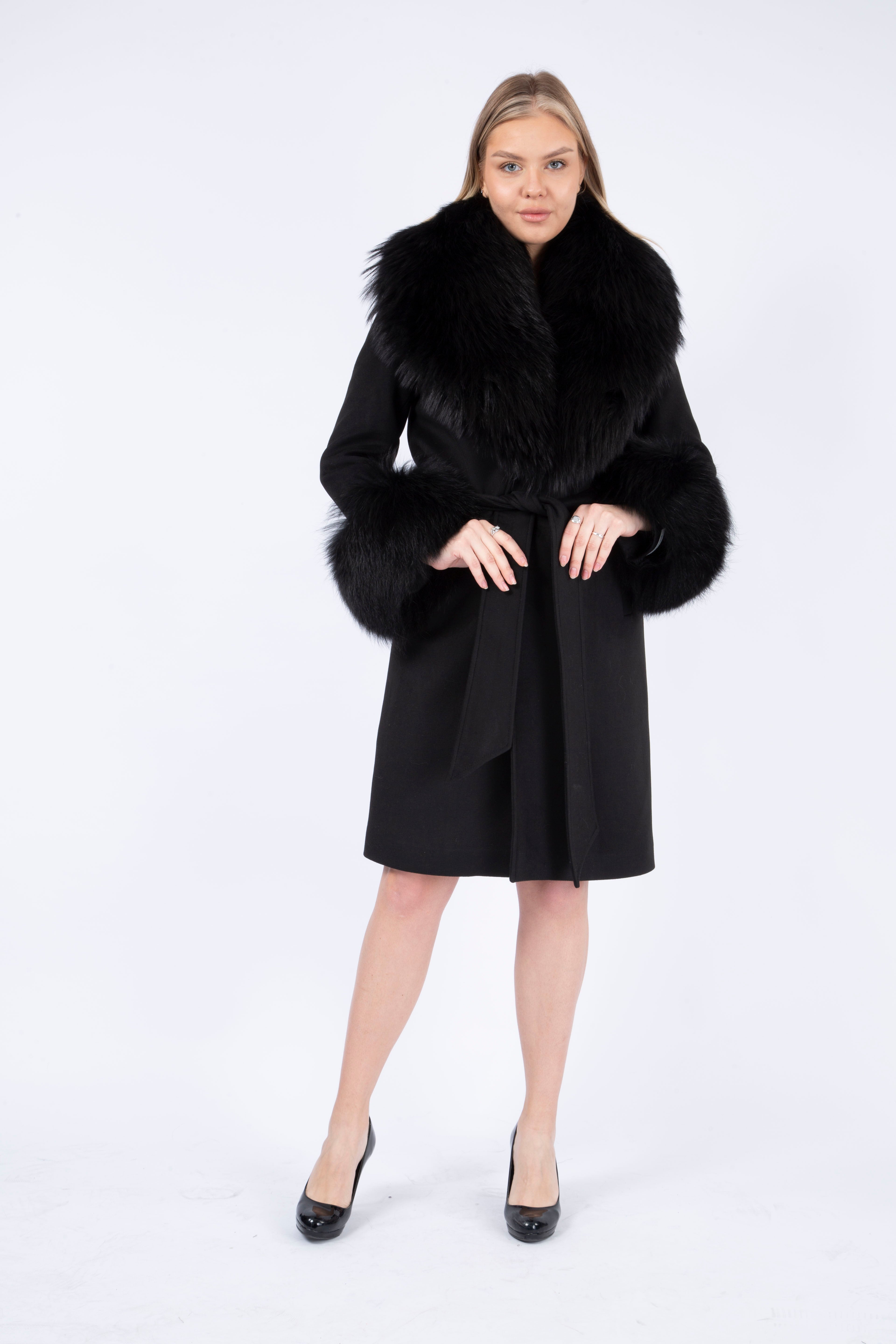 Women's BLACK Wool Coat with detachable Fox Collar and Cuffs  Trimmed Hood Style # K-10