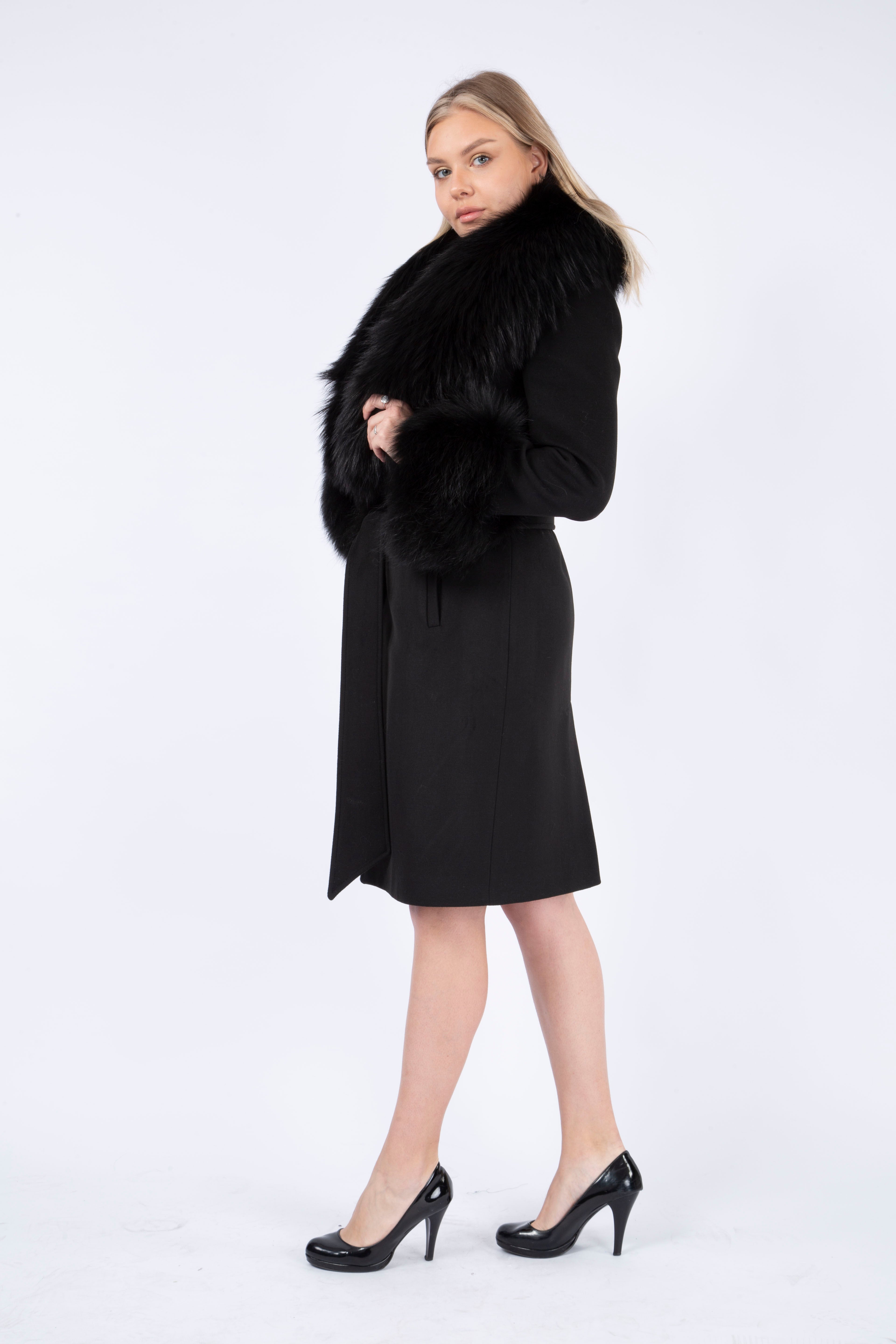 Women's BLACK Wool Coat with detachable Fox Collar and Cuffs  Trimmed Hood Style # K-10