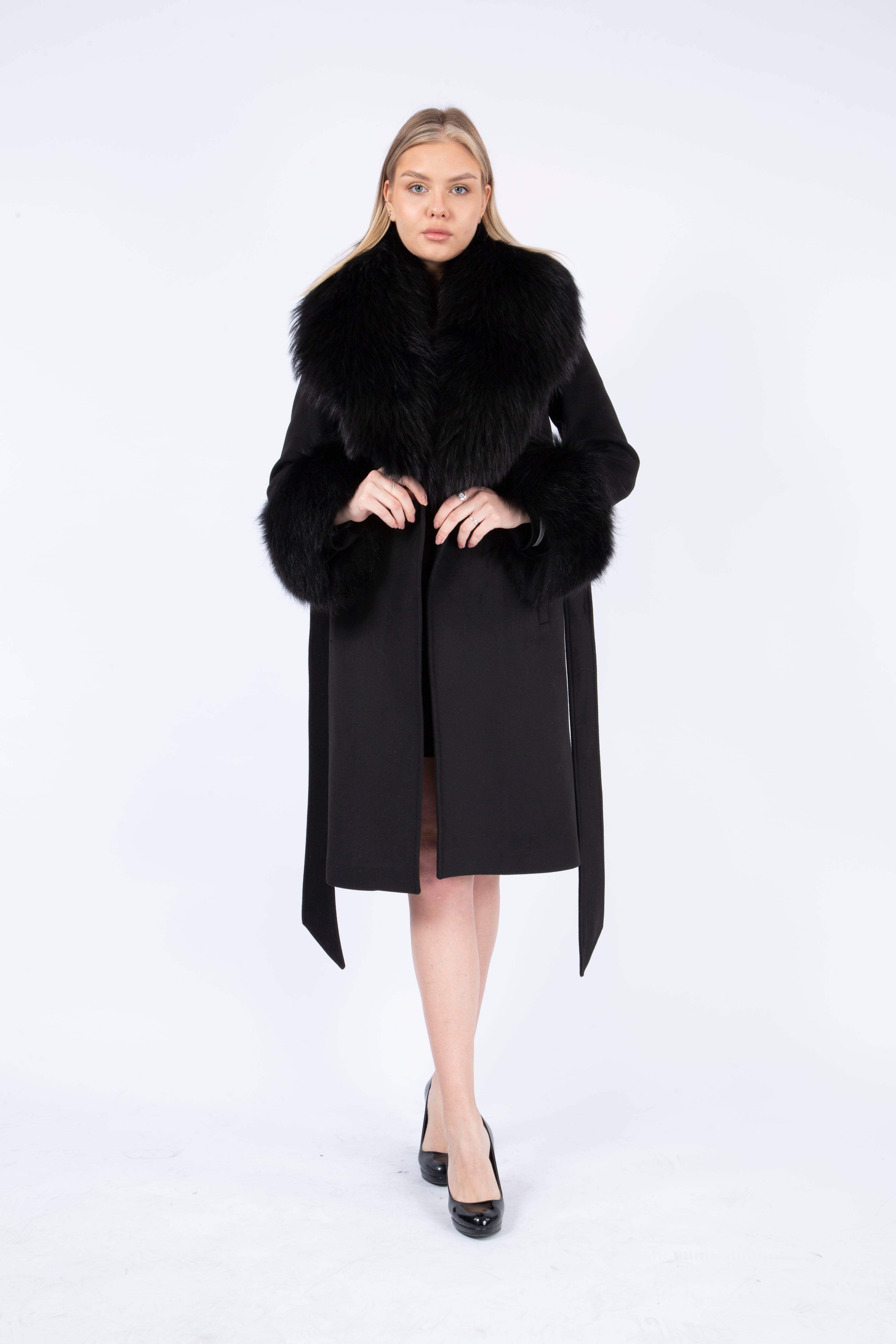 Women's BLACK Wool Coat with detachable Fox Collar and Cuffs  Trimmed Hood Style # K-10