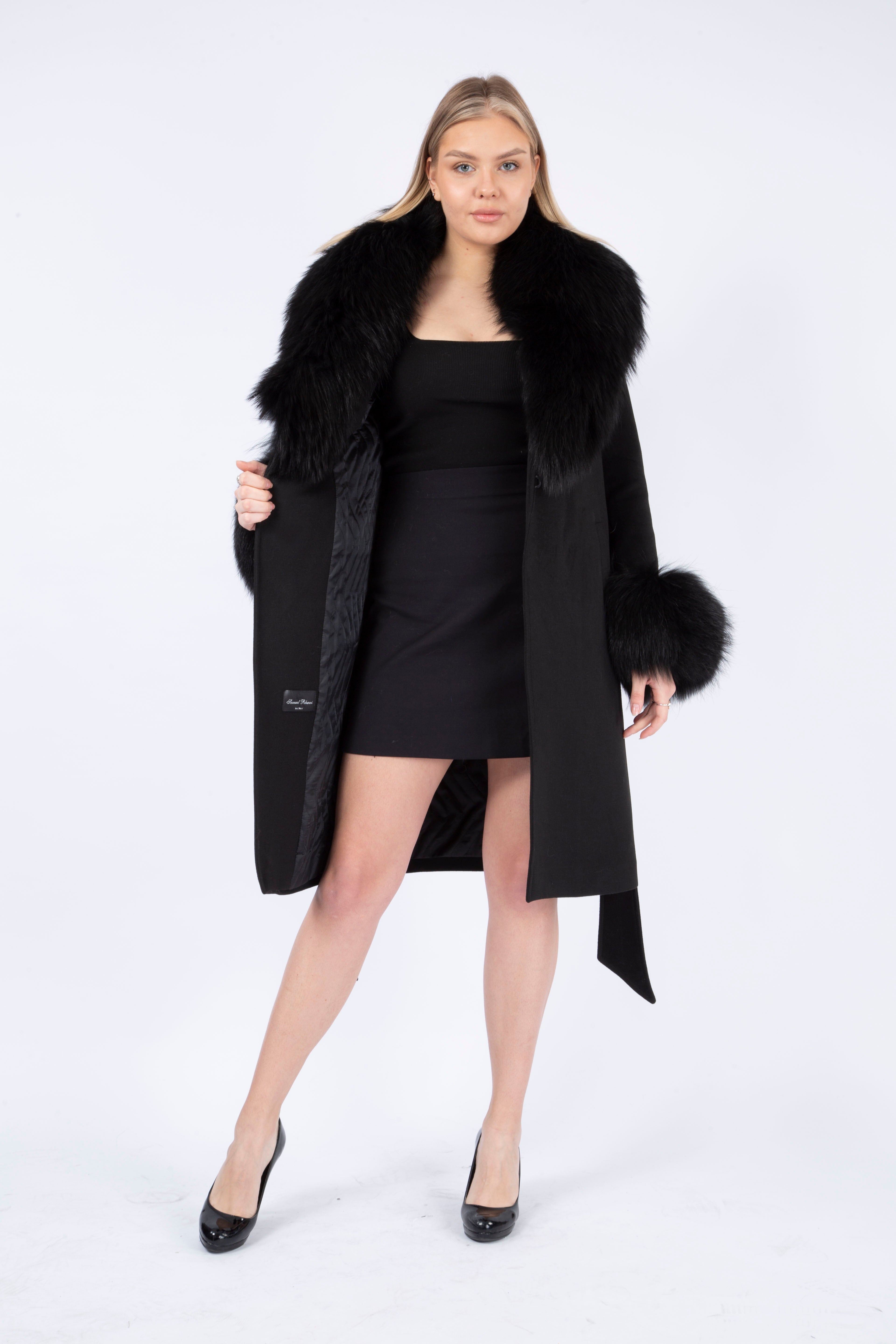 Women's BLACK Wool Coat with detachable Fox Collar and Cuffs  Trimmed Hood Style # K-10