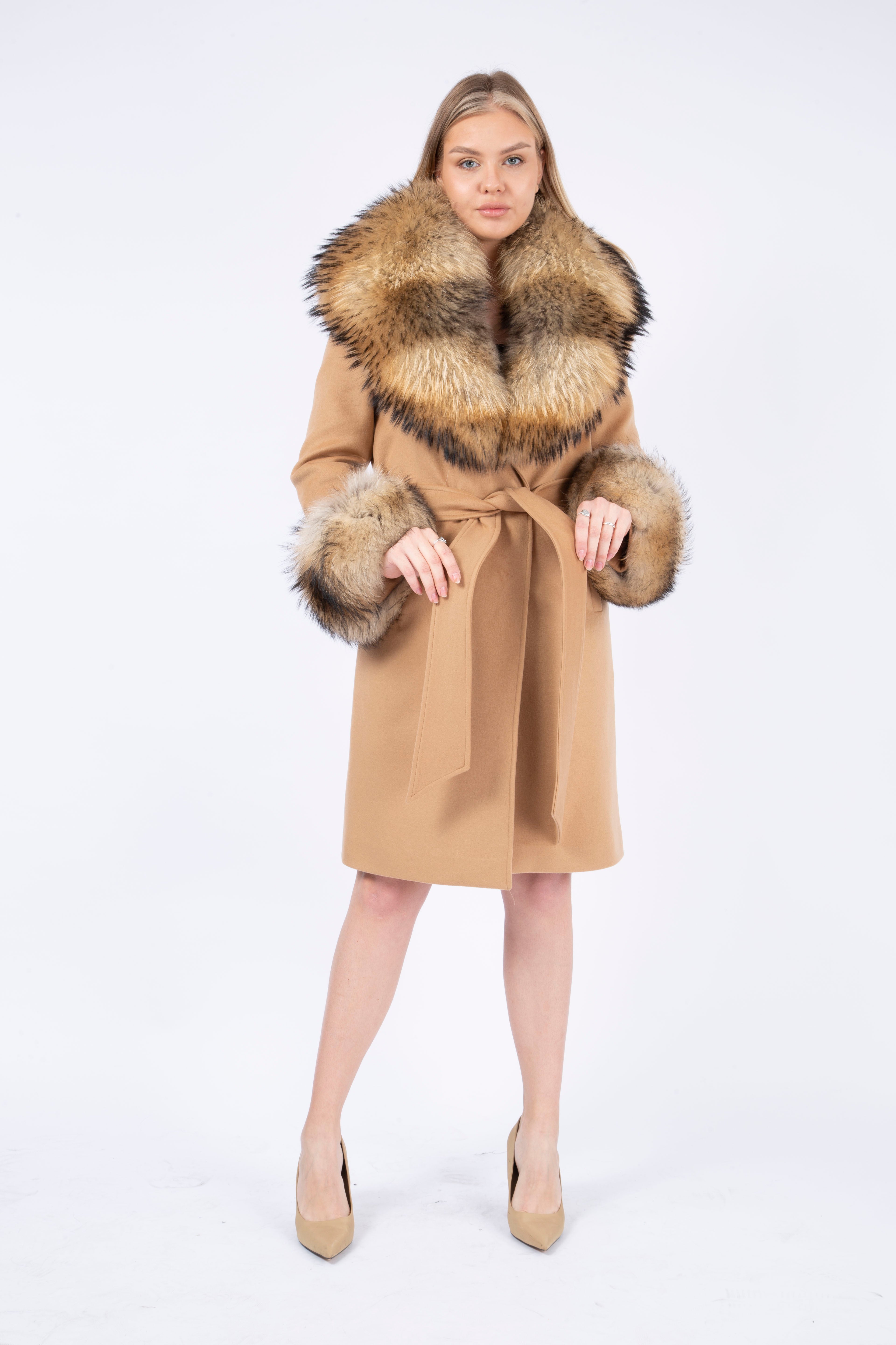 Women's CARAMEL Wool Coat with detachable Fox Collar and Cuffs  Trimmed Hood Style # K-10