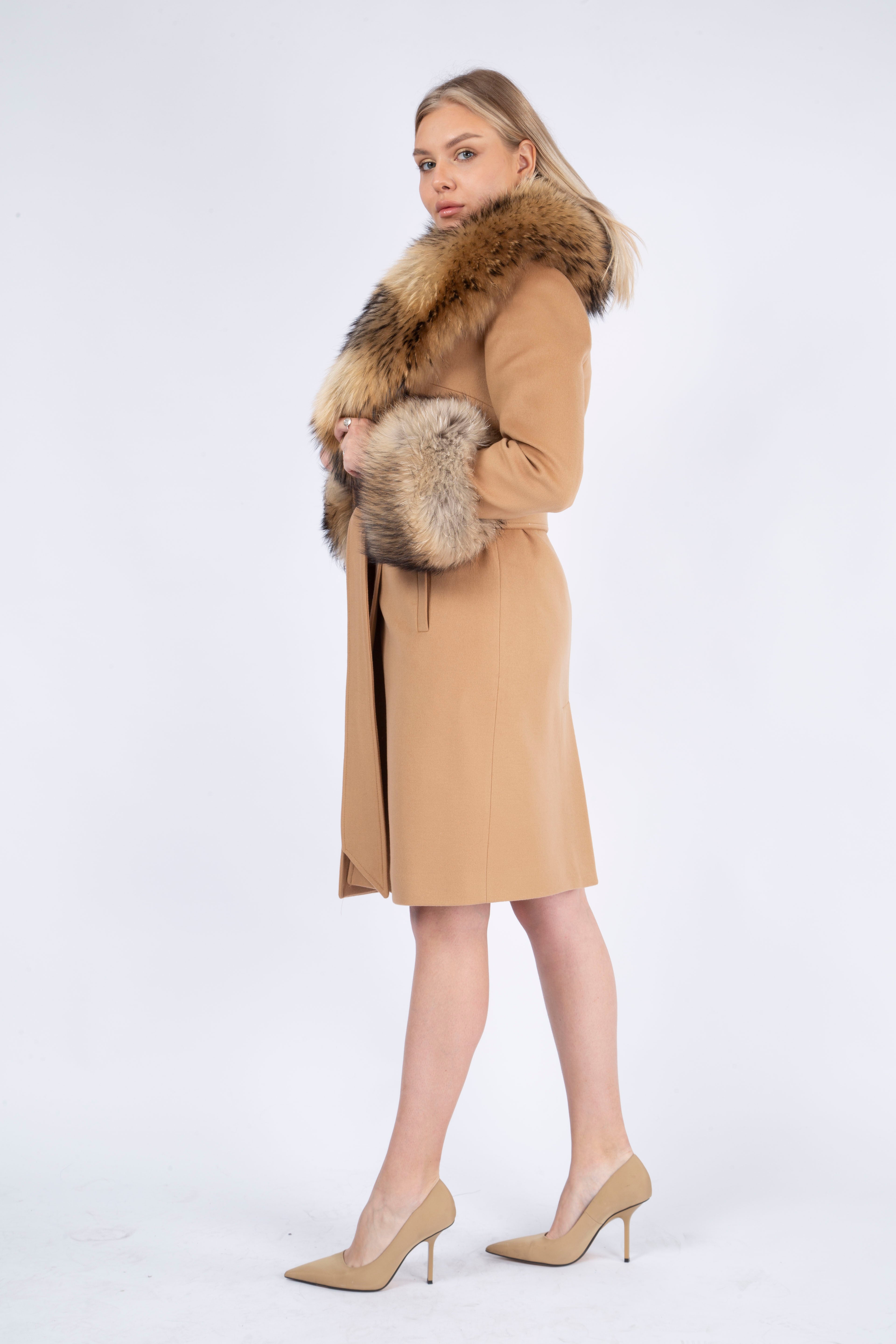 Women's CARAMEL Wool Coat with detachable Fox Collar and Cuffs  Trimmed Hood Style # K-10