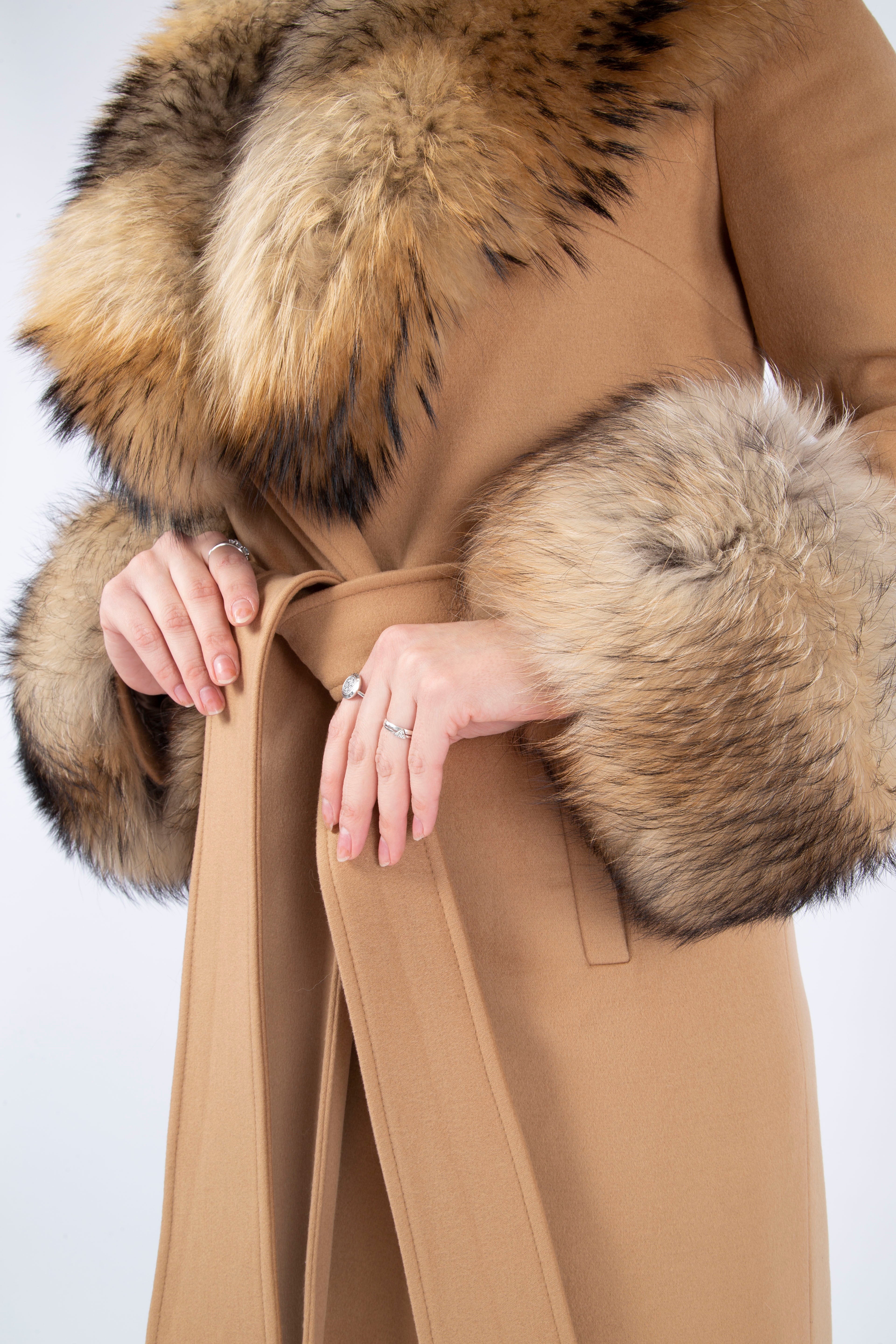 Women's CARAMEL Wool Coat with detachable Fox Collar and Cuffs  Trimmed Hood Style # K-10