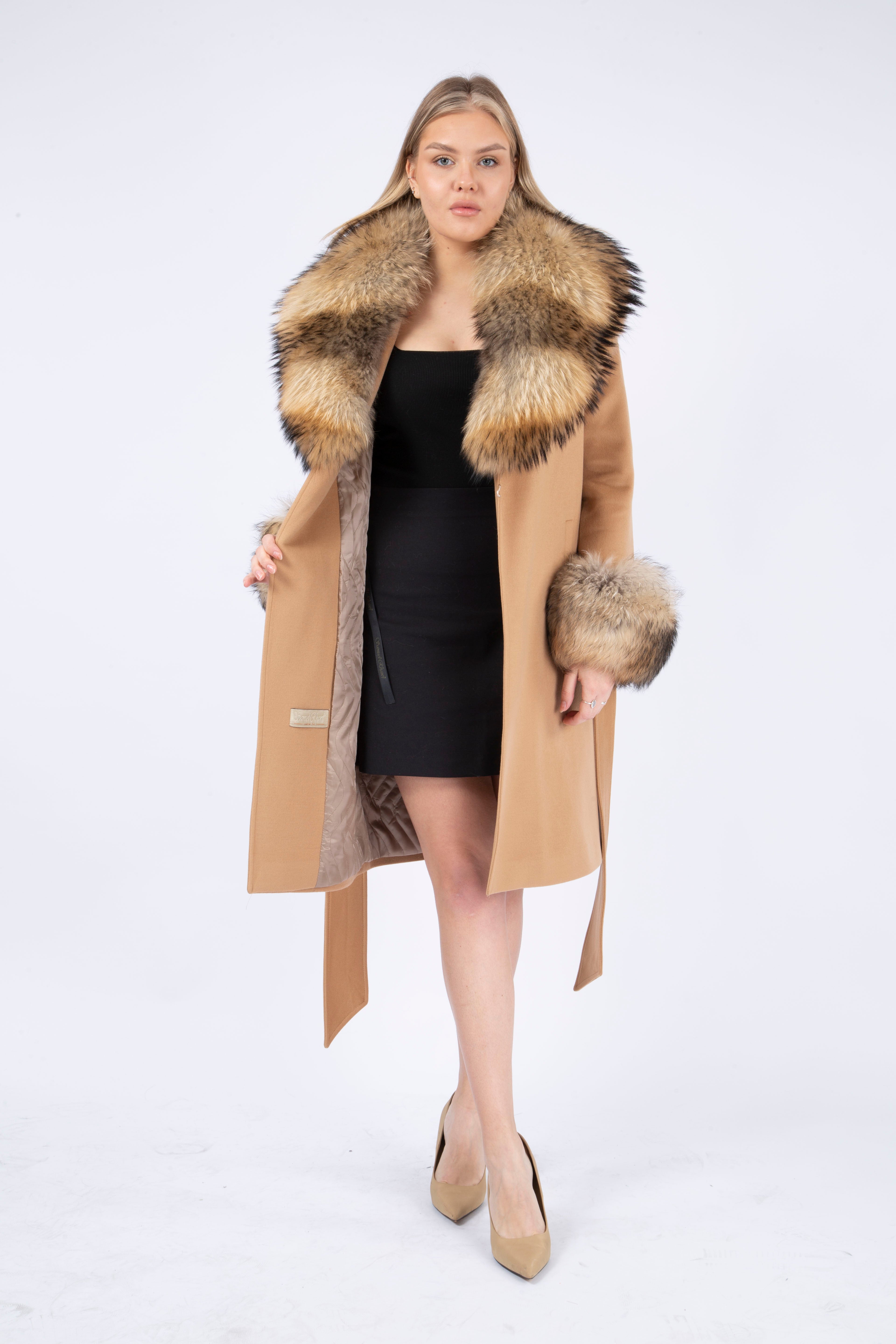 Women's CARAMEL Wool Coat with detachable Fox Collar and Cuffs  Trimmed Hood Style # K-10