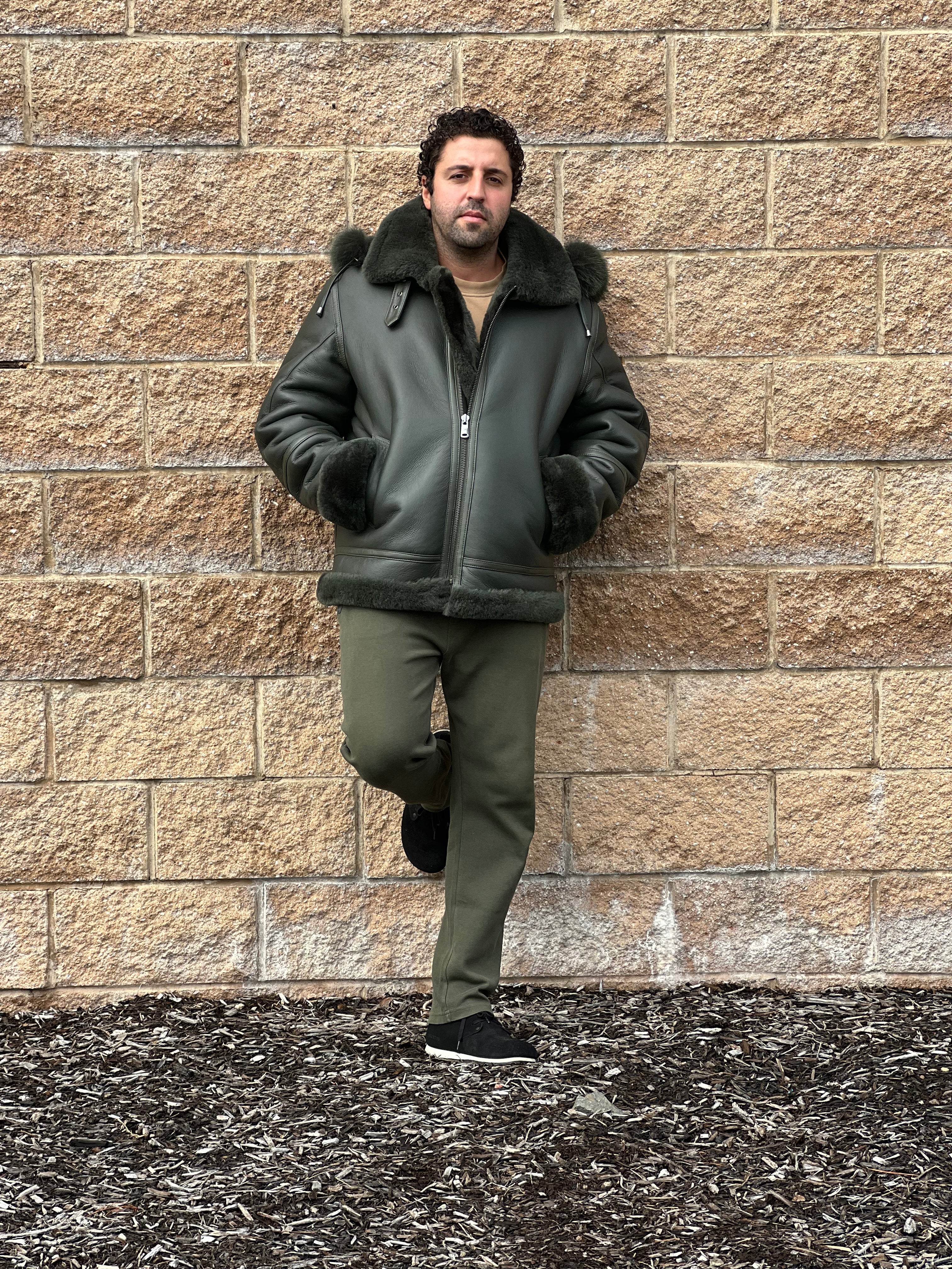 Men's B3 Green Shearling Bomber Jacket  # 3102