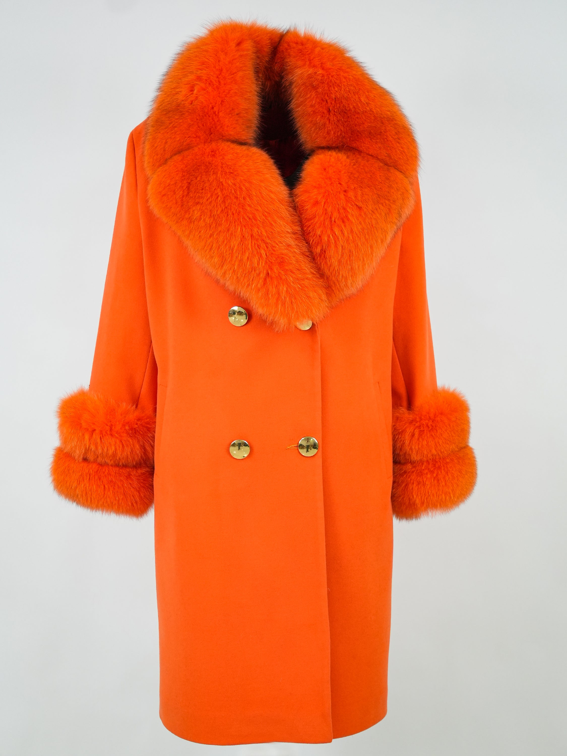 Women's CARAMEL Wool Coat with detachable Fox Collar and Cuffs  Trimmed Hood Style # K-10