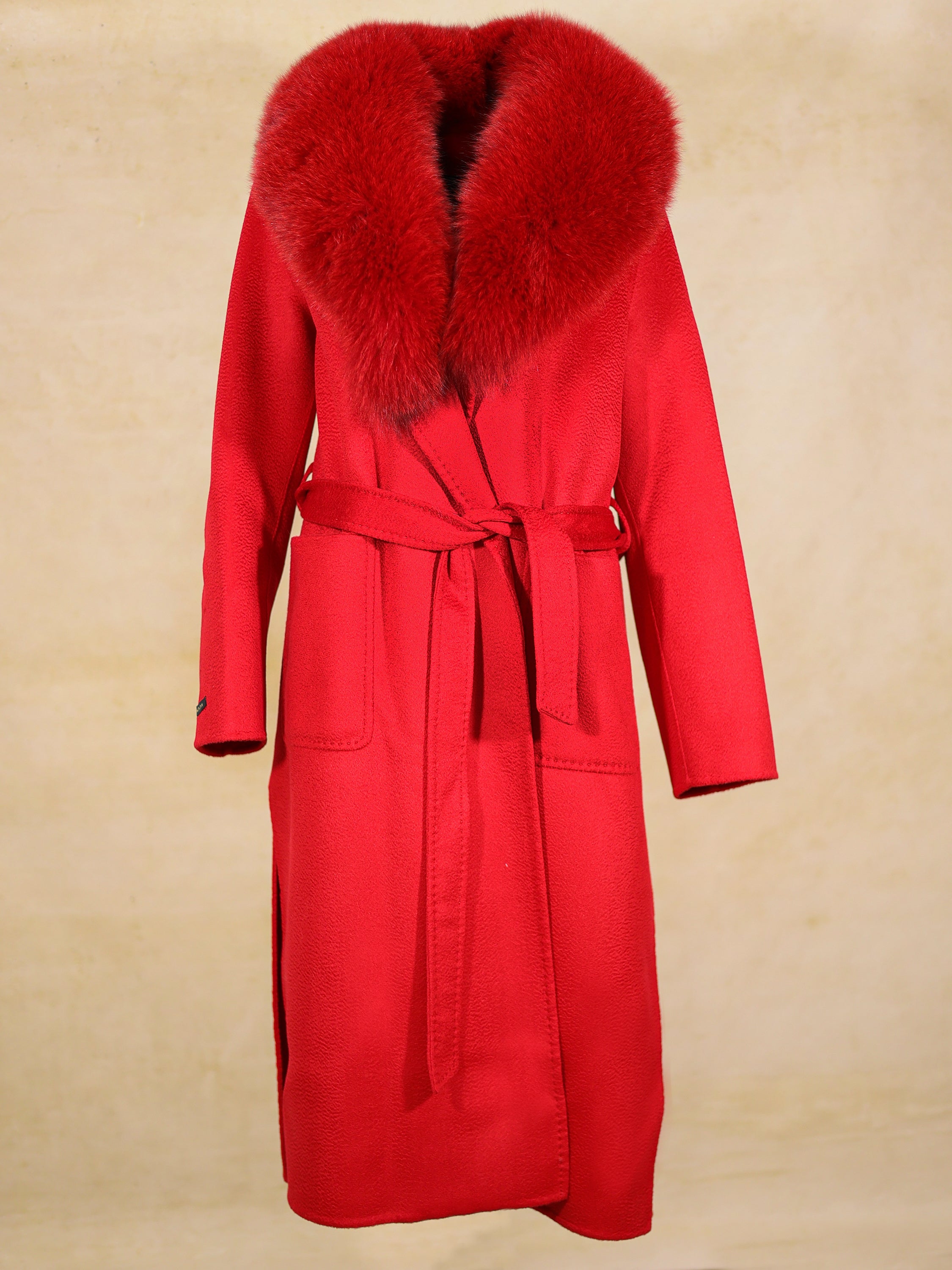 Women's  Pink Wool Coat with Fox Collar Trimmed Style