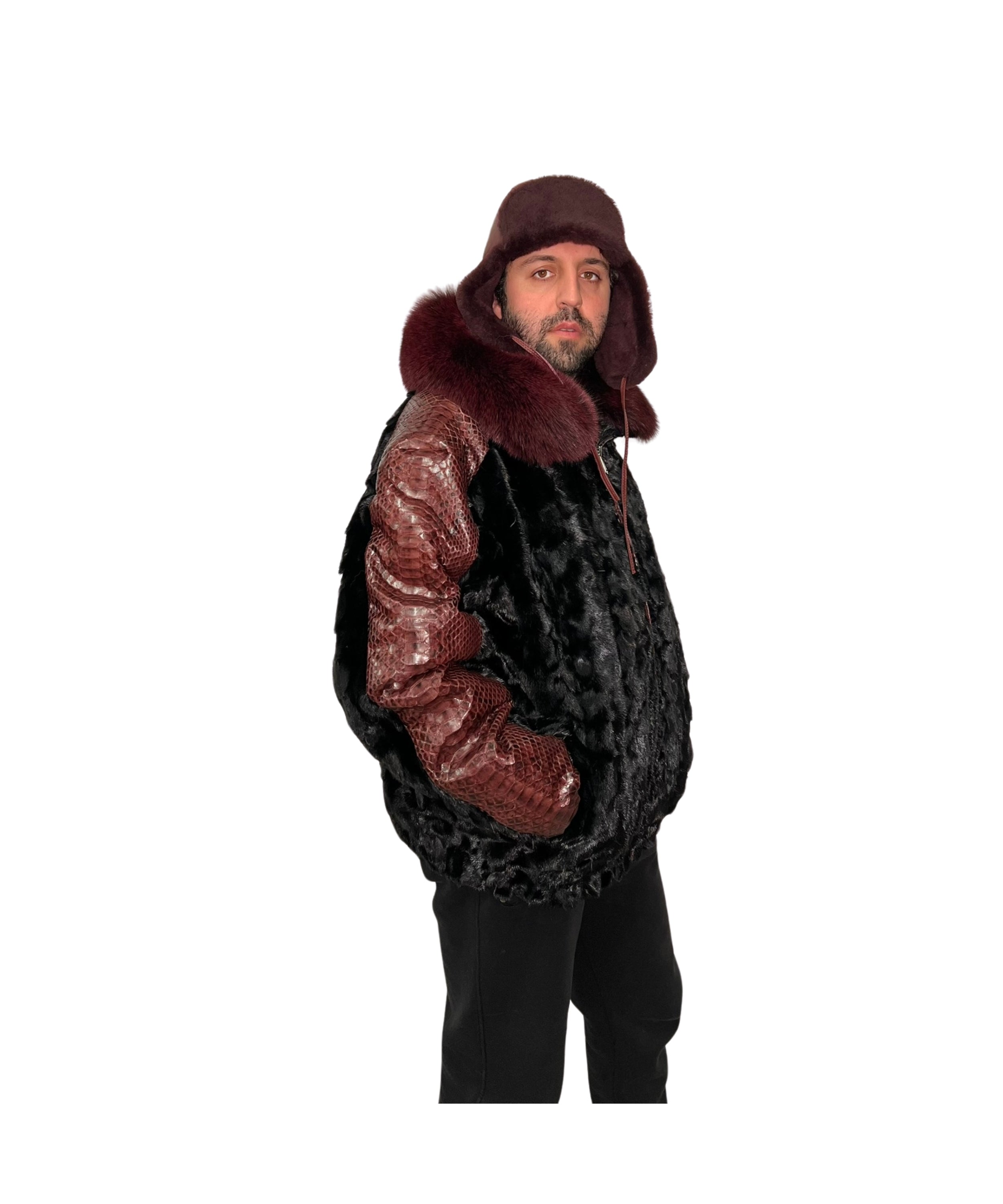 Men's Mink  Section Bomber Jacket with Detachable  Fox Collar Style # Z -7361