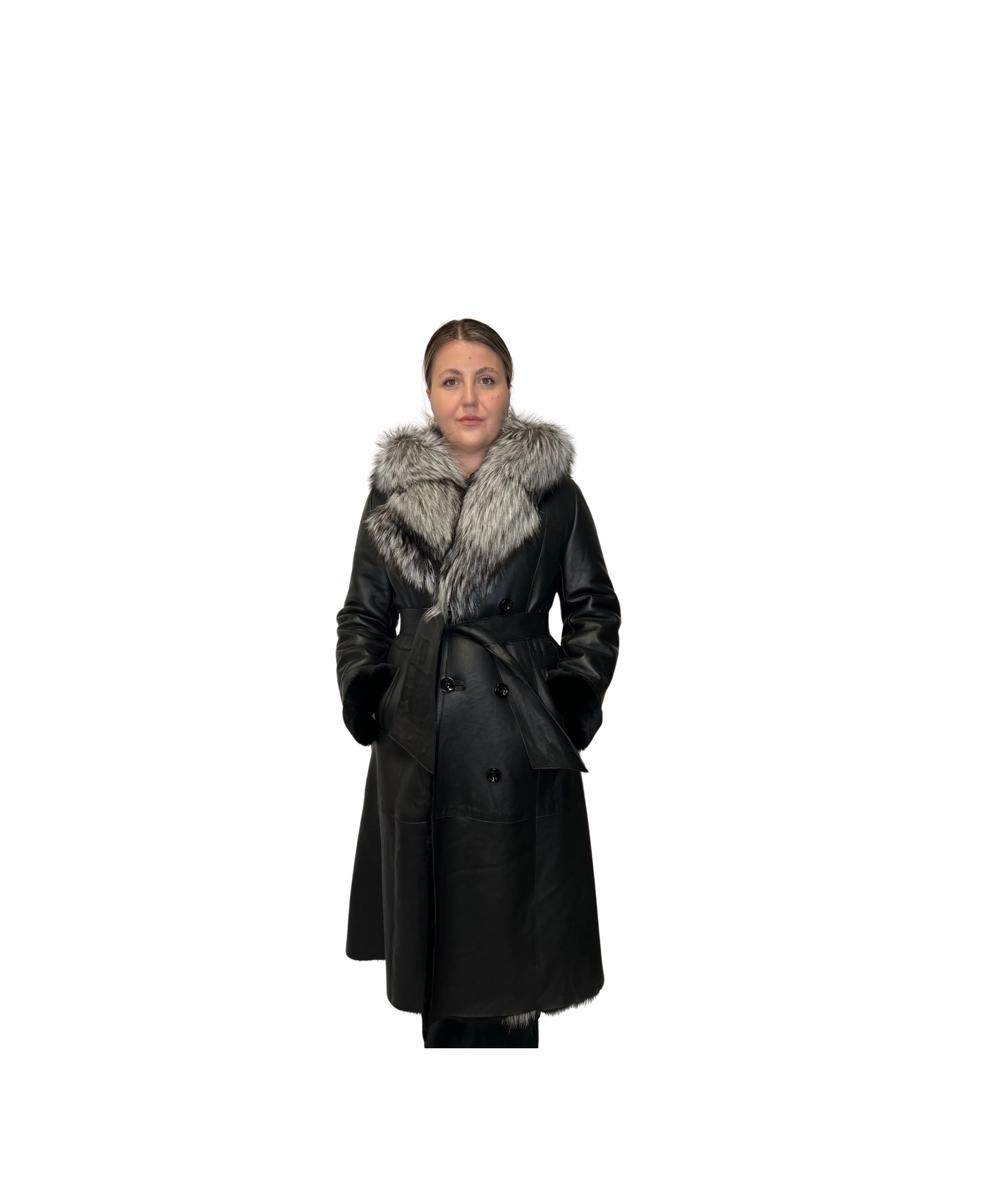 Black Shearling Long Coat with Silver Fox Trim Style