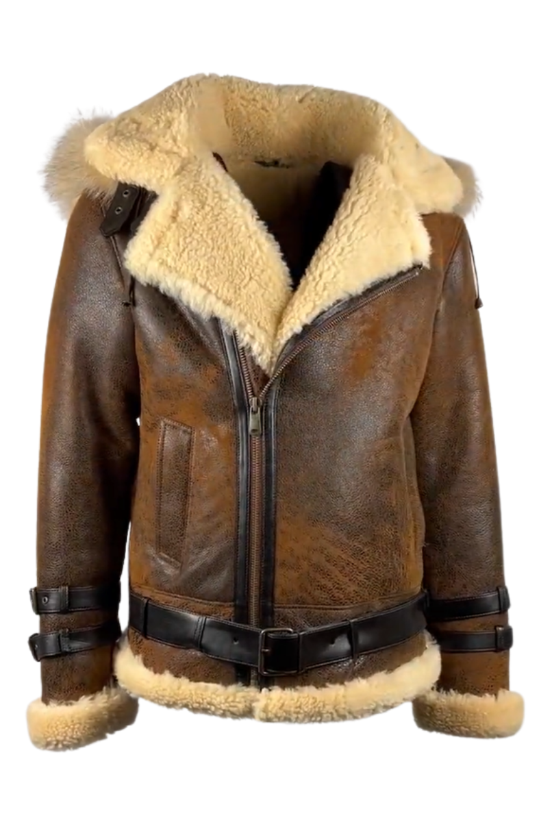 Mens Hooded Distressed Brown Biker Shearling  Jacket Style # 3114