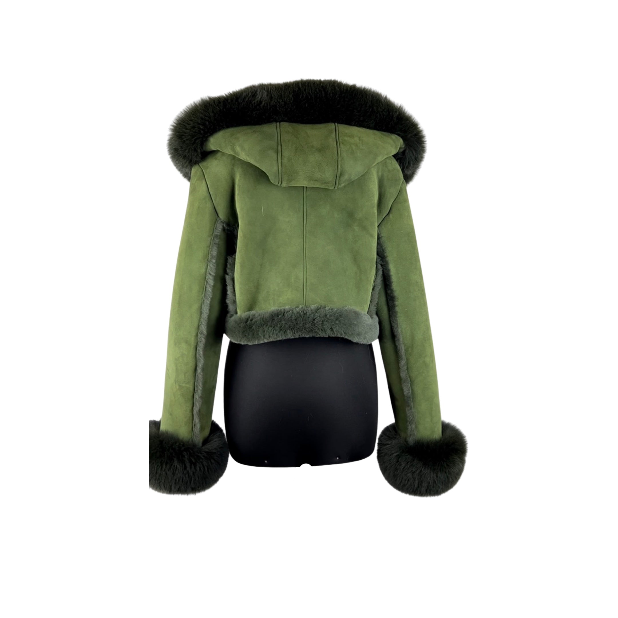 Green Women Crop Fox Fur Trimmed Jacket Style# 5005