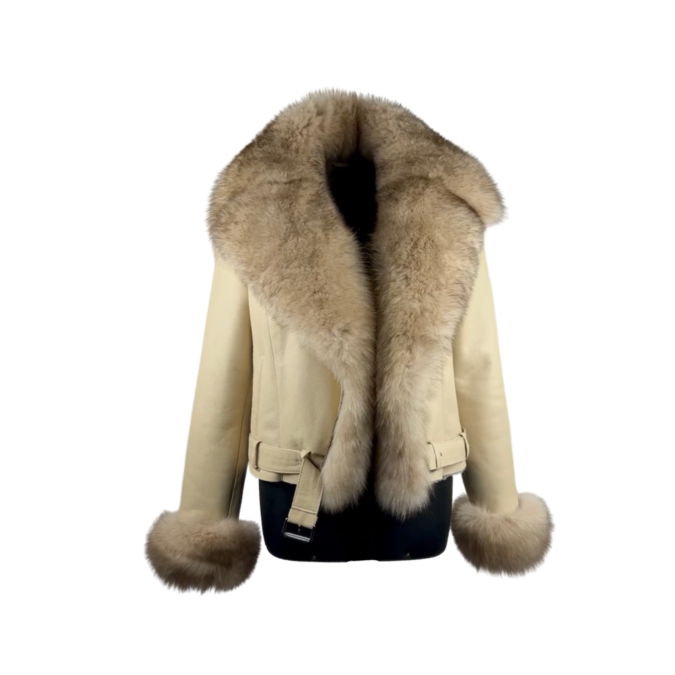 Fox Fur Trimmed Beige Women's Shearling Jacket  Style# 5015