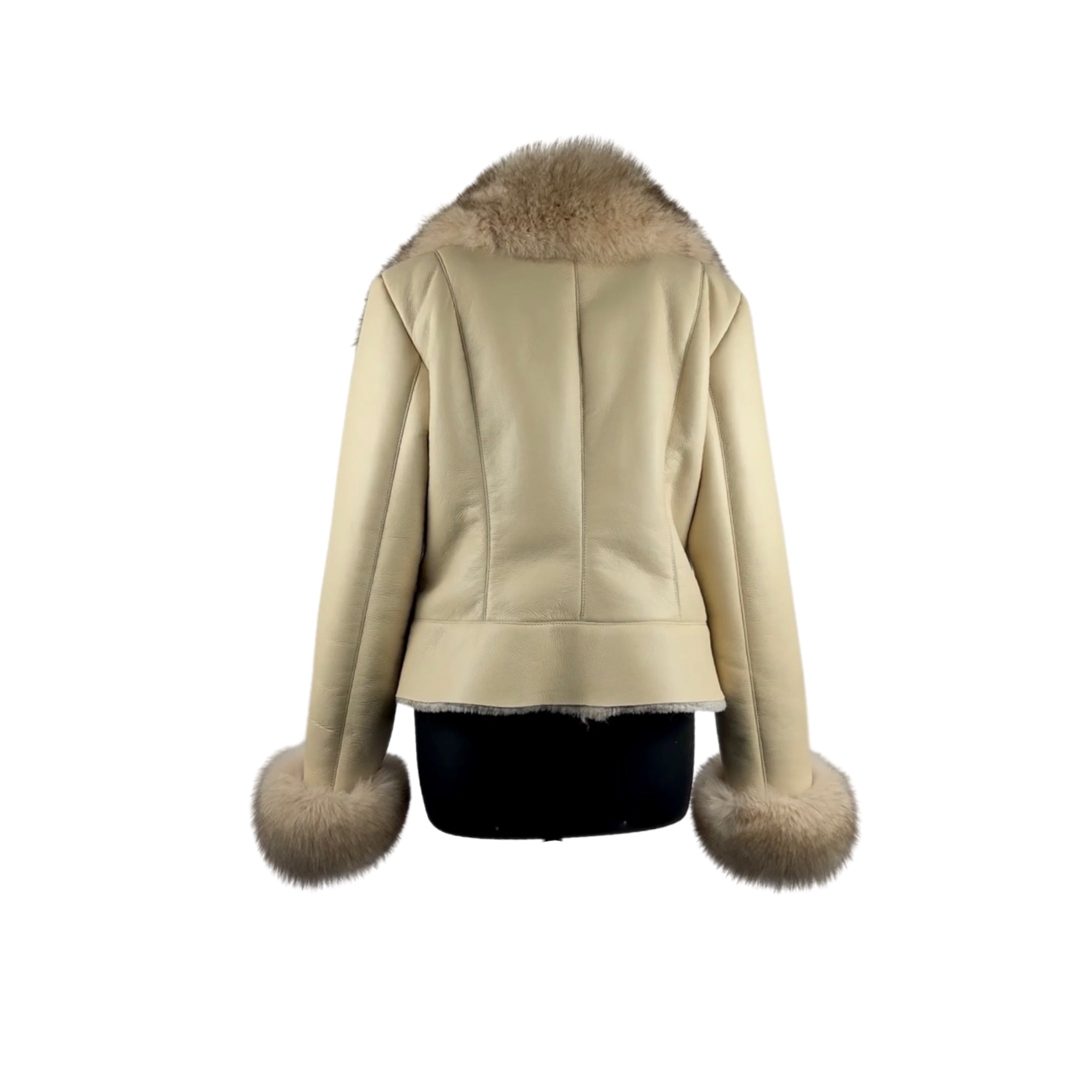 Fox Fur Trimmed Beige Women's Shearling Jacket  Style# 5015