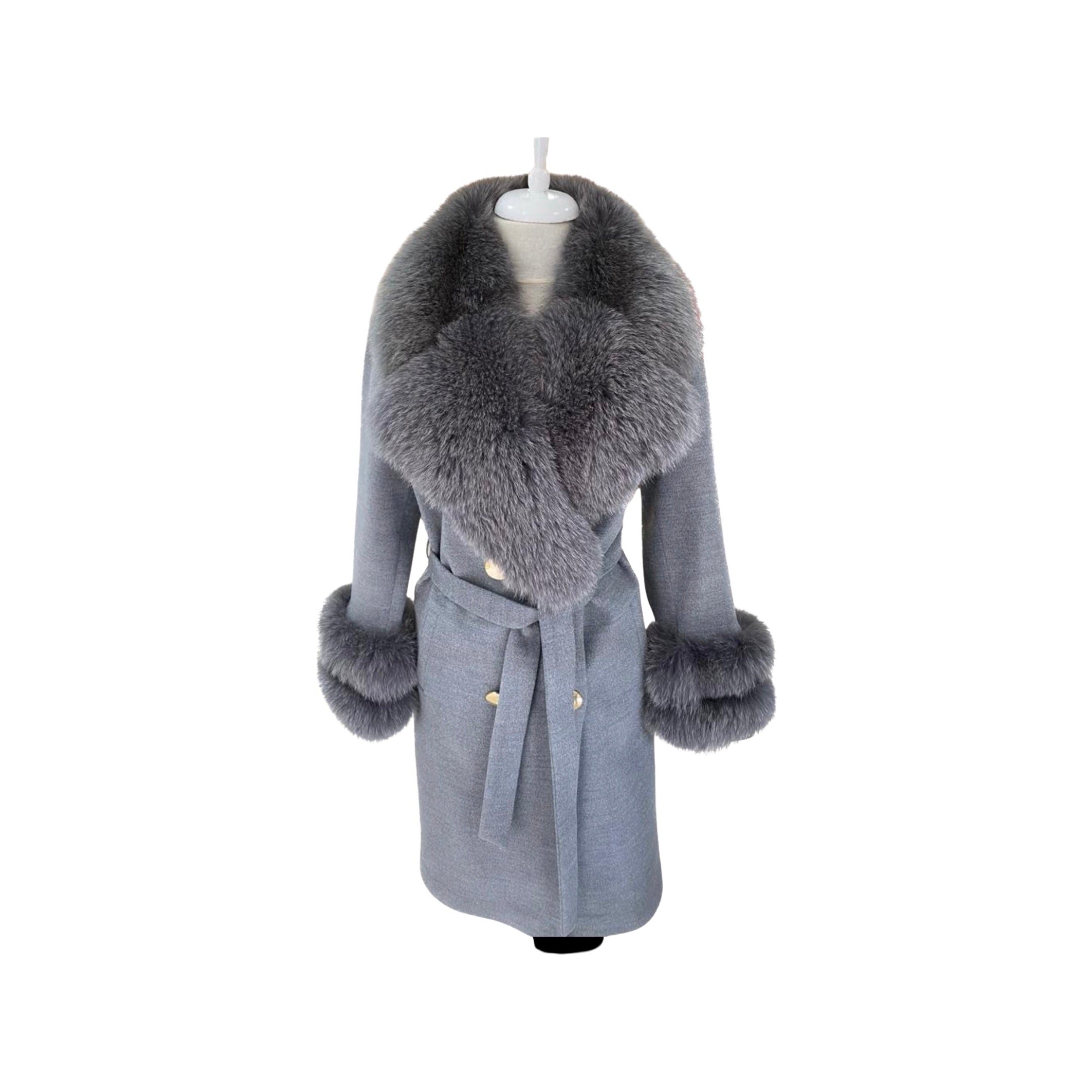 Women's NAVY Wool Coat with detachable Fox Collar and Cuffs  Trimmed Hood Style # K-10